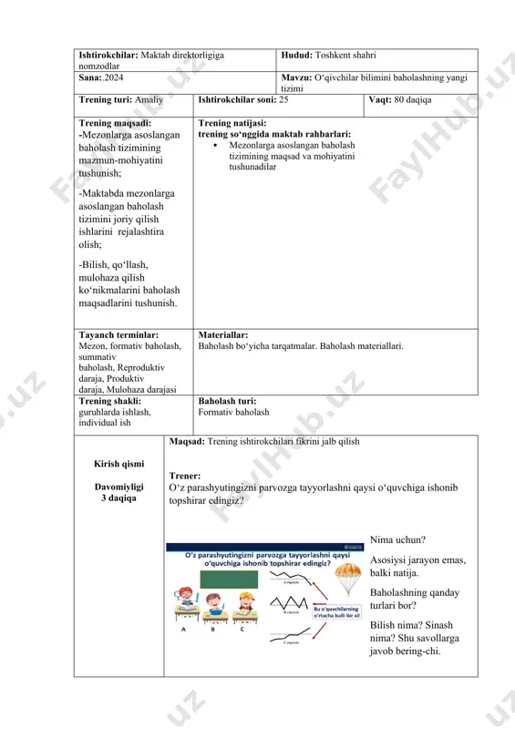 dingiz? · topshiriqni bajarishda nimalarga e’tibor berdingiz? · bu jarayonda formativ baho qanday namoyon boʻladi? · bu jarayonda summativ baho nimani baholaydi? javoblar: bu jarayonda formativ baho modelni yaratishda maqsadga erishish uchun fidbek berishda namoyon boʻladi. bu jarayonda summativ baho modelning ishlashini sinaydi nazariy qism davomiyligi: 10 daqiqa maqsadi: mezonlarga asoslangan baholash tizimining afzalliklarini oʻrganish 5 ballik tizimning mezonlarga asoslangan baholashdan farqi nimada? 5 ballik tizimda eng yaxshi ishga 5 ball beramiz. 1 ta xatoga 4 ball va h.k. mezonlarga asoslangan baholashda esa har bir bajarilgan ishi uchun, koʻnikmasi uchun maʼlum ball yigʻib boriladi. bunda bilish, qoʻllash va mulohaza qilish koʻnikmalari baholanadi refleksiv savollar: treningning birinchi qismi yakuni davomiyligi 2 daqiqa maqsad: topshiriq va nazariy ma’lumotlardan chiqarilgan xulosalarni umumlashtirish. xulosa: mezonlarga asoslangan baholash tizimi aniq standart va taʻlimiy maqsadlarga asoslangan topshiriqlar yordamida oʻquvchilarning bilim va koʻnikmalarini baholab, ularda mustaqil fikr yuritish, ijodiy yondashishga chorlaydi. 4-topshiriq davomiyligi: 10 daqiqa maqsad: maqsadga …