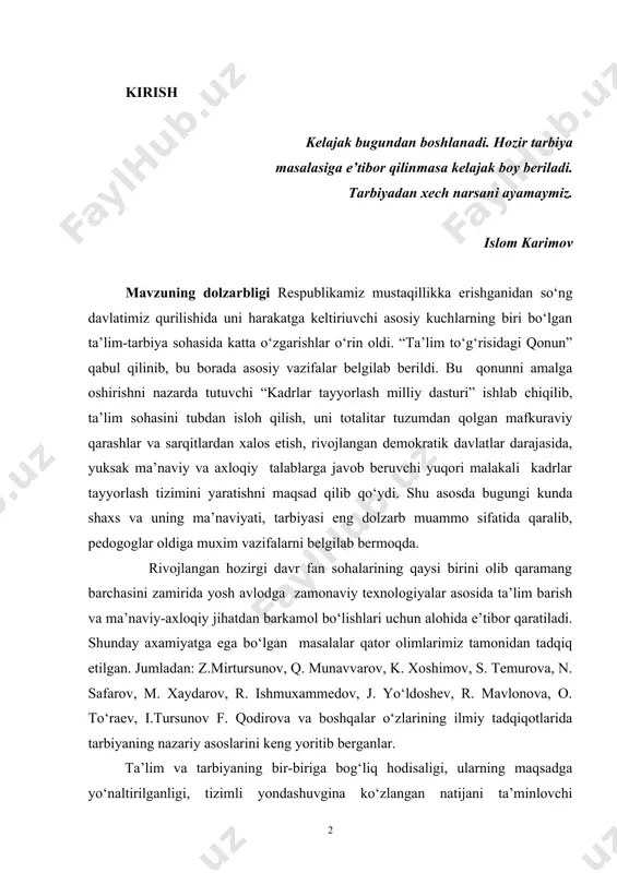 ishmuxammedov, j. yo‘ldoshev, r. mavlonova, o. to‘raev, i.tursunov f. qodirova va boshqalar o‘zlarining ilmiy tadqiqotlarida tarbiyaning nazariy asoslarini keng yoritib berganlar. ta’lim va tarbiyaning bir-biriga bog‘liq hodisaligi, ularning maqsadga yo‘naltirilganligi, tizimli yondashuvgina ko‘zlangan natijani ta’minlovchi mezonligi bir qancha faylasuflar, pedagoglar, olimlarning pedagogik qarashlarida o‘z aksini topgan. bola tarbiyasi va uning muayyan ta’limni o‘zlashtirishi yaxlit jarayondir. bu jarayonga tarixiy pedagogik fikrlarni misol qilish asnosida maxsus ta’lim muassasalarida tashkil etiluvchi tarbiyaviy ishlarning g‘oyaviy asoslarini sharhlash mumkin. suqrotning fikricha tarbiyadan kutilgan masad, buyumlar tabiatini o‘rganish bo‘lmay, balki kishining bilim olishdan maqsadi axloqni kamol toptirish lozim. aflotun suqrotning shogirdi sifatida tarbiyaga quyidagicha ta’rif beradi: tarbiya bu davlat tomonidan tashkil etilmog‘i va hukmron guruhlarning manfaatlarini ko‘zlamog‘i lozim. arastu jonda jismoniy tarbiya, ahloqiy tarbiya va aqliy tarbiya bo‘lmog‘i lozimligini aytadi. u pedagogik qarashlarida iroda va faoliyatni asos qilib olgan holda, aqliy tarbiya sohasida ko‘nikma hosil qilishga katta e’tibor beradi. bundan tashqari arastu har qanday istak va …