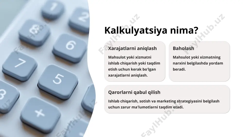 hiladi. jarayonli usul ishlab chiqarish jarayonida qatnashadigan barcha xarajatlarni o'z ichiga oladi. masalan, xom ashyo xarajatlari, ish haqi, energiya xarajatlari va boshqa xarajatlar. jarayonli usulning afzalliklari aniqlik jarayonli usul aniq va batafsil hisoblashni ta'minlaydi. har bir bosqichda to'g'ri hisob-kitoblar amalga oshiriladi. bu xatolar va noaniqliklarni kamaytirishga yordam beradi. moslashuvchanlik u turli xil sharoitlarga moslashishga imkon beradi. jarayonli usulda hisob-kitoblarni o'zgartirish va yangi omillarni qo'shish oson. normativ usulning kamchiliklari moslashuvchanlikning etishmasligi normativ usul, aniq va qattiq me'yorlarga asoslanganligi sababli, o'zgaruvchan sharoitlarga tez moslashish qiyin bo'lishi mumkin. noaniqliklar amalda, ishlab chiqarish jarayonlarining murakkabligi va noaniqliklari tufayli, normativ me'yorlarga amal qilish qiyin bo'lishi mumkin. yuqori xarajatlar normativ me'yorlarni shakllantirish va qo'llash uchun qo'shimcha resurslar va vaqt talab etiladi, bu esa xarajatlarning ortishiga olib kelishi mumkin. vaqt talab qiluvchanligi me'yorlarni belgilash va ularga moslashtirish ko'p vaqt talab qiluvchi jarayon bo'lishi mumkin, ayniqsa ishlab chiqarish jarayonlarida o'zgarishlar bo'lsa. jarayonli va normativ usullar orasidagi farqlar 1 …