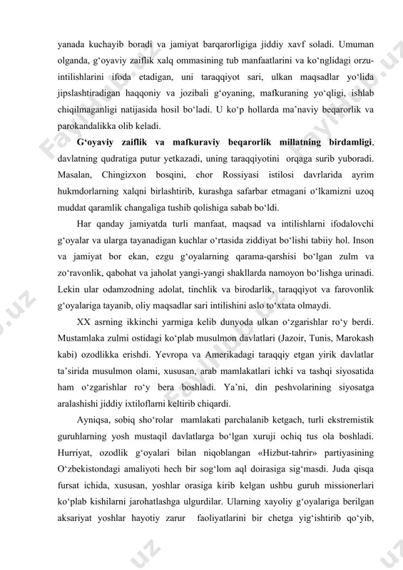 chiqardi. ayniqsa, sobiq sho‘rolar mamlakati parchalanib ketgach, turli ekstremistik guruhlarning yosh mustaqil davlatlarga bo‘lgan xuruji ochiq tus ola boshladi. hurriyat, ozodlik g‘oyalari bilan niqoblangan «hizbut-tahrir» partiyasining o‘zbekistondagi amaliyoti hech bir sog‘lom aql doirasiga sig‘masdi. juda qisqa fursat ichida, xususan, yoshlar orasiga kirib kelgan ushbu guruh missionerlari ko‘plab kishilarni jarohatlashga ulgurdilar. ularning xayoliy g‘oyalariga berilgan aksariyat yoshlar hayotiy zarur faoliyatlarini bir chetga yig‘ishtirib qo‘yib, allaqanday xayolkashlarning xalifalik to‘g‘risidagi safsatalariga uchib, qaltis yo‘llarga kirib ketdi. «hizbut-tahrir» partiyasi 1953-yil livanda tashkil topdi. isroil va arab mamlakatlari o‘rtasida xx asrning 50-yillarida boshlangan va hozirgacha davom etayotgan arab-isroil ixtilofi natijasi o‘laroq dunyoga kelgan bu partiyaning asoschisi 1909-yil falastinda tug‘ilgan taqiyiddin nabahoniy. falastin xalqi boshiga tushgan fojialarga shaxsan guvoh bo‘lgan taqiyiddin musulmon olamining barcha muammolari faqat xalifalik yo‘li bilangina hal bo‘lishiga qattiq ishondi. qohiradagi «al-azhar» oliy islom universitetini tamomlagach, siyosiy faoliyatga sho‘ng‘ib ketgan taqiyiddin nabahoniy «hizbuttahrir» partiyasini ta’sis etdi va 1979-yilgacha, ya’ni vafotiga qadar rahbarlik qildi. …
