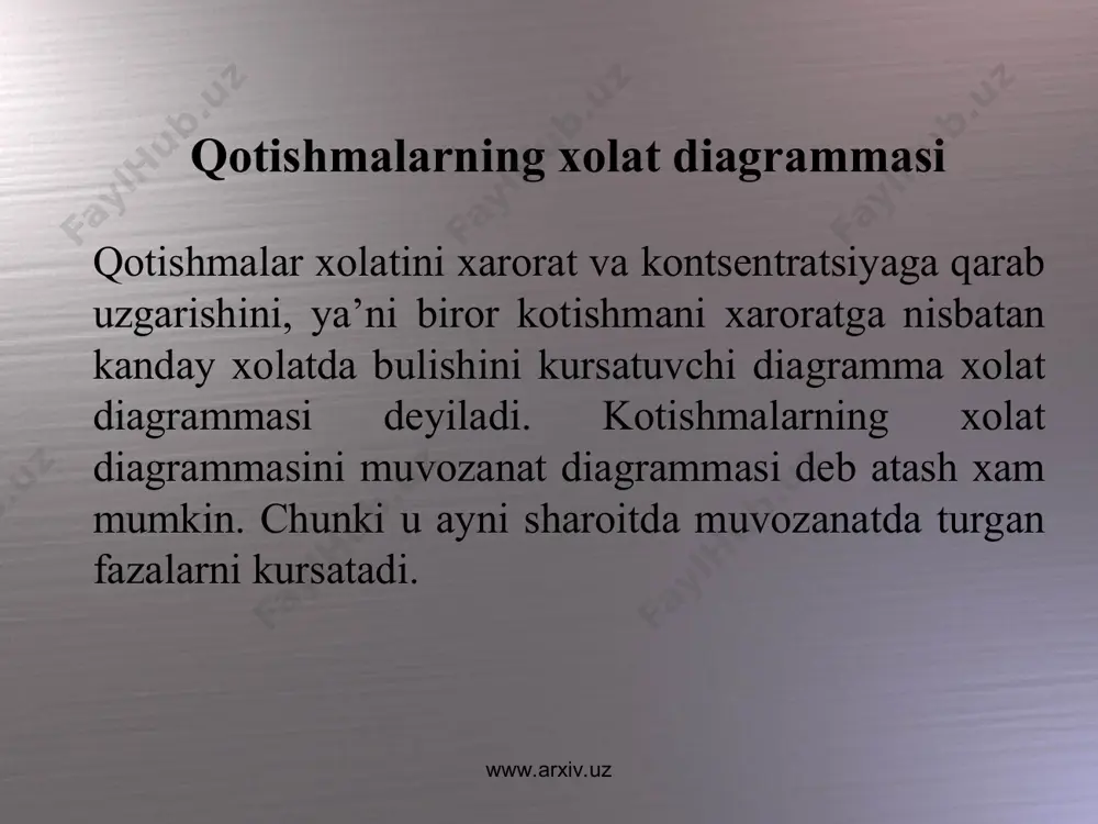 y uzgarishlar kupchilik kotishmalar uchun aniklangan bulib, ularning agressiv muxxitlarga bulgan turgunligi “namunaning kimyoviy turgunligini kotishmaning tarkibiy kismiga bogliklik grafigi” orkali ifodalanadi. bu konuniyat tamman tomonidan urganilgan bulib, keyinchalik rus olimlari skorchelleti va shul’tinlar tomonidan rivojlantirildi va konuniyat n/8 koidasi, turgunlik chegarasi yoki tamman koidasi deb yuritiladi. www.arxiv.uz www.arxiv.uz berilgan agressiv muxitga kimyoviy turgun bulmagan a metallga, shu muxitga kimyoviy turgun bulgan b metallidan oz-ozdan kushib borish bilan kator kotishmalar xosil kilinsa, kotishmaning shu muxitga turgunligi kotishma tarkibidagi b komponent mikdori 1/8, 2/8, 3/8, va x.k. n/8 mikdorda bulgandagina namayon buladi. uning kiymati foizda ifodalansa, b komponent atomlarining mikdori tegishlicha 12,5; 25,0; 37,5; 50,0 va x.k. % buladi. mana shunday mikdordagi komponenti bulgan kotishmaning potentsiali ijobiy tomonga keskin uzgaradi. bu konuniyat fakat tajriba orkali topilgan bulib, bunga ilmiy isbot xozircha xal kilinmagan. misollarga karang: www.arxiv.uz www.arxiv.uz umuman muxitga turgun bulmagan a metallni shu muxitga turgun bulgan b metall bilan ximoya …