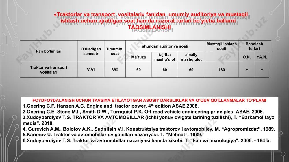 olimlar va injener texnik xodimlar ishlari. fanning maqsadi, vazifasi va muhandis kadrlar tayyorlash tizimidagi oʻrni. traktor va transport vositalarning tasnifi va istiqbolli tipaji. traktor va avtomobillarning asosiy qismlari va ularni vazifasi. qishloq xo’jaligi ishlab chiqarishida asosiy energiya manbai bo’lib xizmat qiladigan traktorlar, boshqa turdagi energiya manbalariga nisbatan nisbiy tekis energiya bera oladigan, yuqori o’tag’onlikka ega bo’lishi, boshqariluvchanligi, harakat havfsizligi, yuqori manevrchan hamda qulay yurishga ega bo’lganligi uchun ular keng miqyosda ishlatiladi. traktor -qishloq xo’jalik, qurilish, yo’l qurish, yer qazish, transport va boshqa ishlarni bajarish uchun mo’ljallangan gildirakli yoki zanjirli mashina. qishloq xo’jaligida qo’llaniladigan traktorlar tasnifi vazifasiga yurish qismining tuzilishiga ostovi (ko’taruvchi sistema) ning turiga dvigatel turiga kuch uzatmalarini tuzilishiga tortish kuchiga vazifasiga qarab umumiy turdagi traktorlar – yoppasiga ishlov berish, shudgorlash, boronalash, hosilni yig’ib-terib olishda ishlatiladi. bu turdagi traktorlarga t-150, t-130, t-100m, dt-75m, t-74, t-4a va t-150k, k-701 traktorlar misol bo’la oladi. universal-chopiq traktorlar -qator oraligiga ishlov berish, hosilni yig’ib-terib …