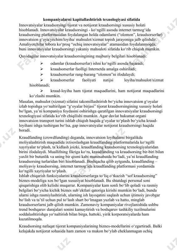 mol qiymati qo‘shadi; · kraudsorserlar bitta yoki bir nechta jarayonda: loyiha/mahsulot/xizmat yaratish, moliyalashtirish, ishlab chiqarish, ilgari surish, taqsimlashda ishtirok etadi; · kraud-loyiha ishlab chiquvchilar tijorat maqsadini – kattaroq foyda olishni ko‘zlaydi; · kraudsorsing kraudsorserlar ishtirokida yaratilgan loyiha/mahsulot/xizmatni ilgari surish elektron marketing vositasi sifatida namoyon bo‘ladi; · kraudsorserlar ishtirokida yaratilgan mahsulot/xizmatga qo‘shimcha talab shakllanishi ro‘y beradi. ijtimoiy (notijorat) kraudsorsing tijorat maqsadlarini ko‘zlamasdan, ko‘ngilli asosda internet tarmog‘ida kraudsorsing platformasidan foydalangan holda odamlarni (“olomon”, kraudsorserlar) kapital, mehnat va bilim sig‘imi katta bo‘lgan (jumladan, ijtimoiy ahamiyatga molik) vazifalarni hal qilishga jalb qilishdir. ijtimoiy (notijorat) kraudsorsingi belgilari orasida quyidagilarni ajratib ko‘rsatish mumkin: · odamlar (kraudsorserlar) ishni ko‘ngilli asosda bajaradi; · kraudsorserlar faolligi internetda amalga oshiriladi; · kraudsorserlar rang-barang “olomon”ni ifodalaydi; · kapital, mehnat va bilim sig‘imi katta bo‘lgan (jumladan, ijtimoiy ahamiyatga molik) vazifalarni hal qiladi; · kraud-loyiha ishlab chiquvchilar tijorat maqsadlarini ko‘zlamaydi. masalan, mamlakat aholisi o‘rtasida so‘rov o‘tkazish, “faol fuqaro” kraudsorsing maydonchasi. ta’kidlash joizki, volontyorlikni …