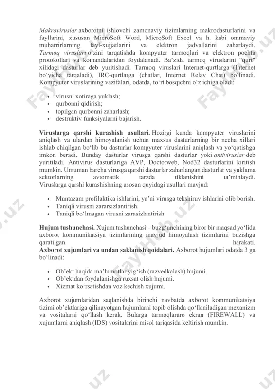 hni cheklash qoidalariga rioya qilmasdan foydalanish – bu resurslardan ruxsatsiz foydalanish toifasiga kiradi. bunday foydalanish natijasida quyidagi oqibatlar yuzaga kelishi mumkin: · axborotning o‘g‘irlanishi; · axborotni o‘zgartirish; · axborotning yo‘qotilishi; · yolg‘on axborotni kiritish; · axborotni qalbakilashtirish va h.k. kompyuter virusi. kompyuter virusi – bu o‘z-o‘zidan ko‘payuvchi, kompyuter tarmoqlari va axborot tashuvchilari orqali erkin tarqaluvchi, hamda kompyuter va unda saqlanayotgan axborot va dasturlarga zarar etkazuvchi dastur kodi yoki komandalar ketma-ketligi hisoblanadi. kompyuter viruslari quyidagi xossalarga ega: o‘zidan nusxa ko‘chirish, axborotdan ruxsatsiz foydalanishni amalga oshirish. u o‘zining nusxalarini kompyuterlarda yoki kompyuter tarmoqlarida qayta ko‘paytirib va tarqatib, hamda qonuniy foydalanuvchilar uchun nomaqbul harakatlarni bajaradi. virus, aksariyat hollarda nosozlik va buzilishlarga sabab bo‘ladi va biror hodisa yuz berishi bilan, masalan, aniq kunning kelishi bilan ishga tushirilishi mumkin. viruslarning turlari va vazifalari. viruslarni quyidagi asosiy alomatlari bo‘yicha turkumlash mumkin: · yashash makoni; · operatsion tizim; · ishlash algoritmi xususiyati. kompyuter viruslarini yashash makoni, boshqacha …