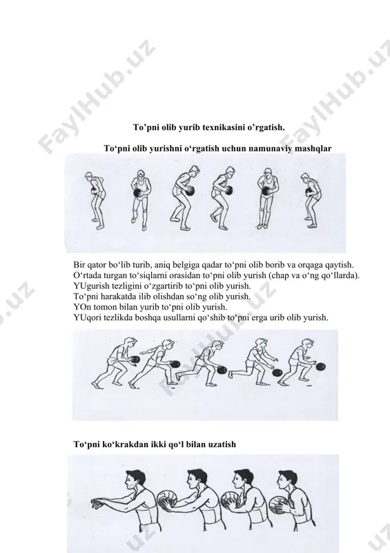 irqo‘llab harakatdato‘pni savatga tashlash yuqoridanbirqo‘llab harakatda sakrabto‘pni savatga tashlash harakatda uzoq masofadan to’pni savatga texnikasini o’rgatish. shug‘ullanuvchilar maydonning markazidan 1 qator turib, to‘pni 3 ochkolik chiziqqacha olib yurib joydan va sakrab to‘pni savatga tashlaydi va to‘pni ilib oladi, keyin qatorni oxiriga borib to‘radi. xuddi shu mashq faqat shug‘ullanuvchilar ikki qator bo‘lib turadilar va bir birlariga uzatib yurib belgilangan joylardan to‘pni savatga tashlaydilar. to‘pni tashlashda to‘g‘ri mo‘ljalga olishni o‘rgangandan so‘ng, uzoq masofadan harakatdan to‘pni savatga tashlashni o‘rgatiladi. qatordan yugurib kelib uzoq masofadan sakrab to‘pni tashlashni mashq qilinadi. murabbiy to‘pni ushlab turadi, shug‘ullanuvchi yugurib kelib murabbiyni qo‘lidan to‘pni olib sakrab to‘pni savatga tashlaydi. xuddi shu mashq lekin murabbiy to‘pni har xil yo‘nalishda uzatadi. uzoq masofadan to‘pni tashlashni o‘rganishda bir xil nuqtadan 8 – 10 marta to‘pni tashlashdan boshlanadi. elkadan bir qo‘llab harakatda to‘pni savatga tashlash yuqoridan bir qo‘llab harakatda to‘pni savatga tashlash yuqoridan bir qo‘llab harakatda sakrab to‘pni savatga tashlash 4. baskеtbol …