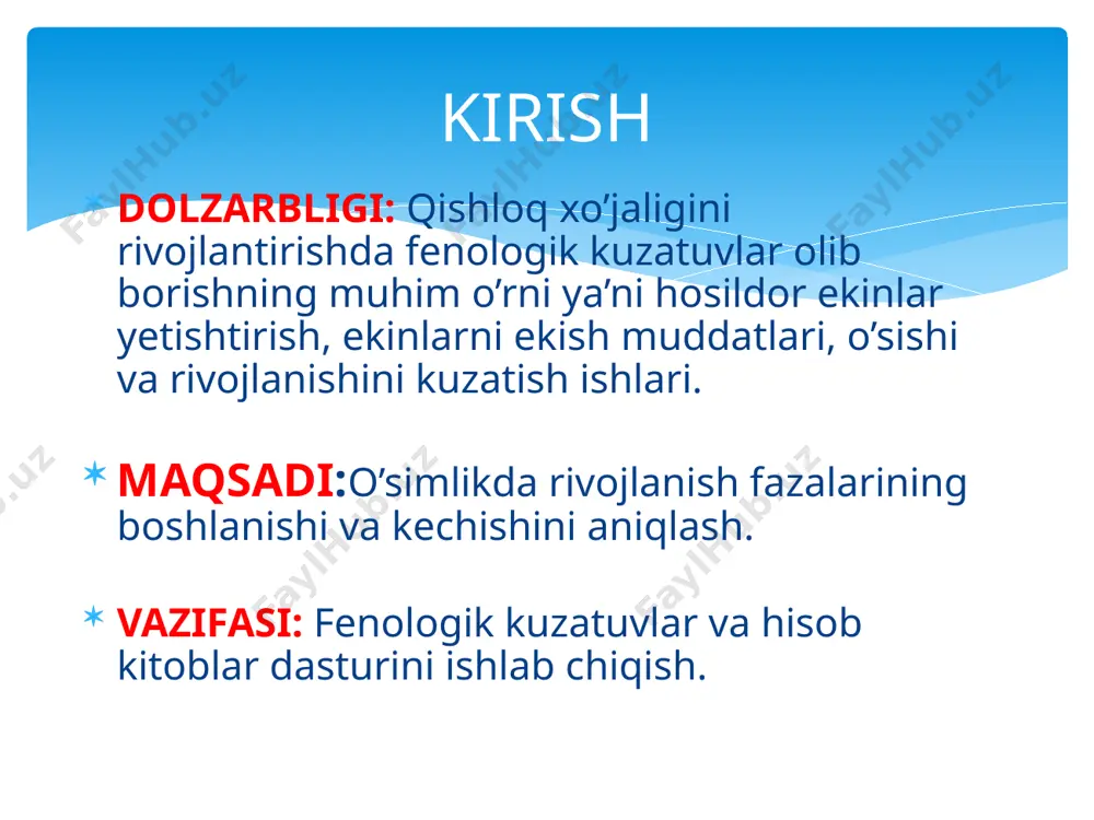 ullashini kuzatish (25-30kun ko’pchilik tajribalarda kuzatishlar 95-100 % o’simlik gullaguncha davom ettiriladi. har bir gulning gullashi bir kun davom etadi. gulbargning rangi asta-sekin o'zgarib boradi, ko'pincha gul rangi ochilish arafasida sariq yoki oqsariq, kunning oxirida pushti, och qizil va qizil, ayrim vaqtlarda binafsha tusli rang bilan ajralib turadi. yalpi gullashdan to birinchi ko'sak ochilguncha fenologik kuzatish o 'n kunlikda 2 marta, so 'n g har 2 kunda bajariladi. yalpi pishish fazasi kuzatilgandan keyin yana har o 'n kunda 2 marta kuzatiladi. ko‘saklar ochilishini kuzatish. k o 'sak ochilishi uning uchki qismidagi chokidan boshlanadi va chanoqda 1 sm kenglikda joy ochilganda, paxta ko'rinib turganda k o ‘sakni birinchi ochilish fazasini boshlanishi deb qayd qili­nadi. dasturi asosida 3-4 marta o'tkaziladi. bunda tajribaning hususiyatidan kelib chiqiladi. dastlabki kuzatish o'simliklarning 10-15 % ida ko'sak ochilganda boshlanadi. bu tadbir har 3-5 kunda o'tkazilib, o'simlkilarning 50-75 yoki 100 % ida ko'saklar ochilguncha davom ettiriladi. tolasi chanoqdan …