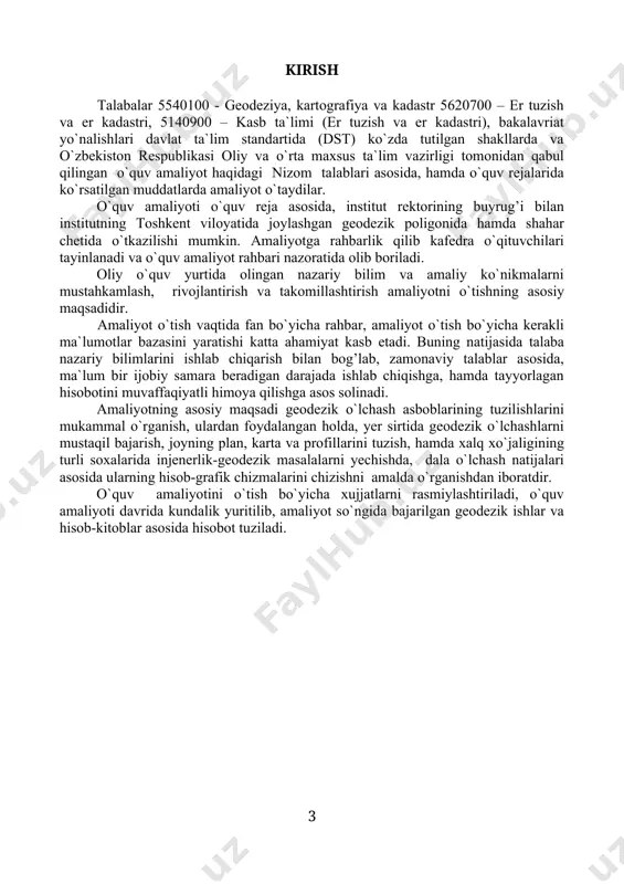nuqtalar bo`yicha rejalash, piketlarni egriga ko`chirish, kundalangliklarni rejalash 6 4. 2.trassani to`g’ri va teskari yo`nalishda nivelirlash. nivelirlash jurnaliga ishlov berish, nisbiy balandliklarni hisoblash, betma-bet tekshirish, bog’lash, piketlar va oraliq nuqtalar balandliklarini hisoblash. bo`ylama va ko`ndalang profillarini tuzish (2 talabaga 1 bo`ylama, 2 ko`ndalang profil). profilga inshoot o`qi loyiha chizig’ini yer ishlari minimumi bo`lishi sharti bo`yicha o`tkazish va loyihaviy, ishchi balandliklarini hisoblash 12 5. 3. trassani to`g’ri va teskari yo`nalishda nivelirlash 12 6. 4. nivelirlash jurnaliga ishlov berish, bo`ylama profilini tuzish, unda inshootni loyihaviy chizig’ini o`tkazish va ishchi balandliklarini hisoblash 12 3. yuzani nivelirlash ish muddati: 3 kun brigadaga ish me`yori: 1 ga. 7. 1. yuzani kvadratlarga bo`lish va ular bo`yicha nivelirlash 12 8. 2. yuza nivelirlash planini 1:500 masshtabda tuzish va ma`lum rel’ef kesimida gorizantallar o`tkazish 6 4. kanallarni joyda trassalash ish muddati: 2 kun brigadaga ish me`yori: 0,5 km. masshtablar: gorizantal – 1:1000, vertikal – 1:100 9. 1.teodolit va …