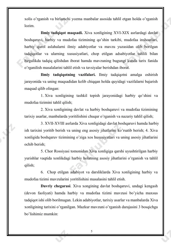 oydalanilgan manba va adabiyotlar ro’yxati keltirilgan. i bob.o’zbek davlatchiligi tarixida xiva xonligining tutgan o’rni va ahamiyati 1.1 xorazmda o'zbek xonligining tashkil etilishi shayboniyxon bosqini arafasida xorazm temuriy sulton husayn boyqaro boshliq huroson davlati tasarrufida edi. xorazmda qo’ng’irot qabilasidan chiqqan chin so’fi hokim edi. u rasman husayn bayqaro noibi hisoblanardi. 1505-yilda shayboniyxon, 1510-yilda esa eron hukmdori shoh ismoil xorazmni bosib oldilar. biroq shoh ismoilning hukmronligi uzoqqa bormadi. vazir shahri qozisi umar qozi yetakchiligida safaviylar hukmronligiga qarshi xarakat boshlanadi. 1511-yilda xorazmning mo’tabar zotlari mamlakat taxtiga shayboniyxon avlodlaridan bo’lgan berka sultonning o’g’li elbarsxonni o’tqazishga qaror qildilar. shu tariqa xiva xonligiga asos solindi. tez orada xiva, xazorasp, kat qizilboshlilardan tozalandi. 1524-yilda shoh ismoilning o’limi o’zbeklarning urganchda mustahkam o’rnashib, bu hududdagi anchagina yerlarni – sharqda hozirgi turkmanistonning janubiy qismi, eronning shimolida saraxs tumani, orol va mang’ishloqni qo’shib olishga imkon berdi. elbarsxon davridayoq, xonlikning siyosiy geografiyasi shakllanib bo’ldi. uning tasarrufiga xorazm – amudaryo etaklaridagi qadimiy dehqonchilik …