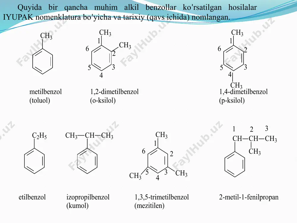 lfu usuli quyidagicha. birikmalar formula tsuyq0c tqayn0c benzol 5,5 80,1 toluol -95 110,6 stirol -33 145 p-ksilol -13 138 etilbenzol -94 136,6 fizikaviy xosalari alkilbenzollar ichida eng ko’p vakili benzol hisoblanadi. aramotik hidga ega bo’lgan modda. quyidagi jadvalda alkilbenzollarning vakillari keltirilgan bo’lib, uglerod soni ortishi bilan ularni qaynash temperaturasi oshib boradi. alkilbenzol va stirolning fizikaviy xosalari kimyoviy reaksiyalari alkilbenzollar o’zining molekulasida alifatik va aromatik fragmentlarni tutgan bo’lib, ularning reaksion xususiyati xuddi radikal va ion reagentlar kabi bo’ladi. alkilbenzollarning yon zanjirdagi reaksiya o’zining xususiy xossasiga egadir. ko’pincha reaksiya a-uglerod atomiga tezroq boradi. ushbu xossa alifatik uglevodorodlardagi kechadi. reaksiya natijasida oraliq modda sifatida-radikal ion va kation tipdagi mahsulot hosil bo’ladi. radikal reaksiya alkilbenzollar galogenlash, nitrollash va oksidlash reaksiyalariga radikal mexanizm bo’yiga reaksiyaga kirishadi. oraliq mahsulot sifatida bezil radikal ko’rinishida hosil bo’ladi. alkilbenzolni xlorlash va bromlash nur ta’sirida qizdirish bilan olib boriladi. nitrollash reaksiyasi alkilbenzollarni yon zanjirga nitrollash reaksiyasi suyultirilgan nitro kislota bilan …
