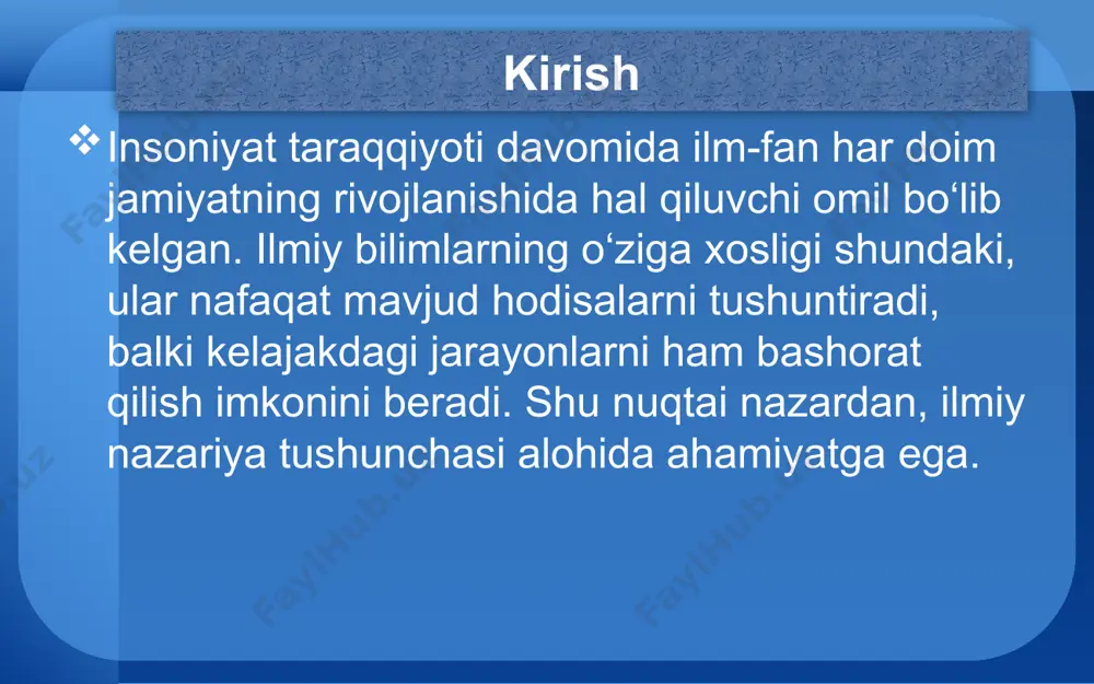 va jamiyat haqidagi bilimlarini tizimlashtirishda, haqiqatga yaqinlashishda muhim vosita hisoblanadi. ilmiy nazariyaning asosiy tarkibiy qismlari har qanday ilmiy nazariya bir necha asosiy elementlardan tashkil topadi. birinchi navbatda, bu asosiy tushunchalar va kategoriyalardir. ular nazariyaning mazmunini ifodalaydi, masalan “modda”, “energiya”, “jamiyat”, “qonun” kabi. ikkinchidan, qonunlar va prinsiplar muhim o‘rin tutadi. qonunlar hodisalar orasidagi umumiy bog‘lanishlarni ko‘rsatadi, prinsiplar esa nazariyaning metodologik poydevorini belgilaydi. uchinchidan, gipotezalar mavjud bo‘lib, ular nazariyaning rivojlanishida tajribalar orqali tekshiriladigan taxminlar sifatida namoyon bo‘ladi. to‘rtinchidan, nazariyada matematik modellar va formulalar ham bo‘lishi mumkin, ular nazariyani yanada aniq va ishonchli qiladi. beshinchidan, nazariyaning amaliy qo‘llanilishi ham uning ajralmas qismi hisoblanadi. agar nazariya amalda tasdiqlansa, uning qiymati yanada ortadi. shu tariqa, ilmiy nazariya faktlar, tushunchalar, qonunlar va gipotezalarning uyg‘un tizimidan iborat bo‘lib, ular birgalikda hodisalarni izohlash va yangi bilimlar yaratishga xizmat qiladi. ilmiy nazariyalarning rivojlanishi va amaliy ahamiyati ilmiy nazariyalar vaqt o‘tishi bilan doimiy ravishda takomillashib boradi. masalan, qadimiy davrlarda olimlar …