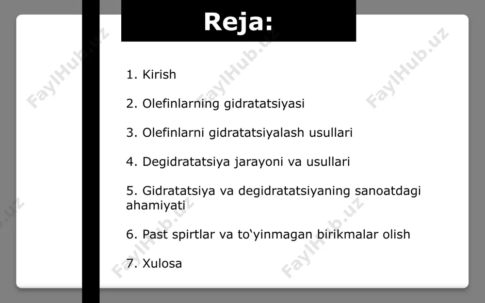 a olefinlarni ishlab chiqarishning asosiy usullaridan biri hisoblanadi. misol: etanolni degidratatsiyalash orqali etilen olish: c₂h₅oh → ch₂=ch₂ + h₂o asosiy usullar kislota katalizli degidratatsiya: konsentrlangan h₂so₄ yoki h₃po₄ ishlatiladi. reaksiya 170–180°c da amalga oshiriladi. qizdirish orqali degidratatsiya: haroratning yuqori bo‘lishi suv molekulasining ajralishini tezlashtiradi. gidratatsiya va degidratatsiyaning sanoat ahamiyati gidratatsiya: past molekulyar spirtlarni (masalan, metanol, etanol) ishlab chiqarishda qo‘llanadi. ular kimyo sanoatida erituvchi, antiseptik va yonilg‘i sifatida ishlatiladi. degidratatsiya: tabiiy gazdan olefinlarni olish orqali neft mahsulotlarini diversifikatsiya qilish imkonini beradi. olefinlar polimerlar ishlab chiqarishda keng qo‘llanadi. xulosa olefinlarning gidratatsiyasi va degidratatsiyasi kimyo sanoati va organik sintezda asosiy o‘rin tutadi. gidratatsiya orqali foydali spirtlar, degidratatsiya orqali esa olefinlar ishlab chiqariladi. bu jarayonlarni optimallashtirish resurslardan samarali foydalanishni taʼminlaydi va iqtisodiy jihatdan muhimdir. shu bois, katalizatorlarning takomillashuvi va yangi texnologiyalarning rivojlanishi bu sohada katta ahamiyatga ega. 1. а. ф. платэ, "органическая химия: основы и применение", москва, 2020. 2. н. н. зеленко, "химическая технология …