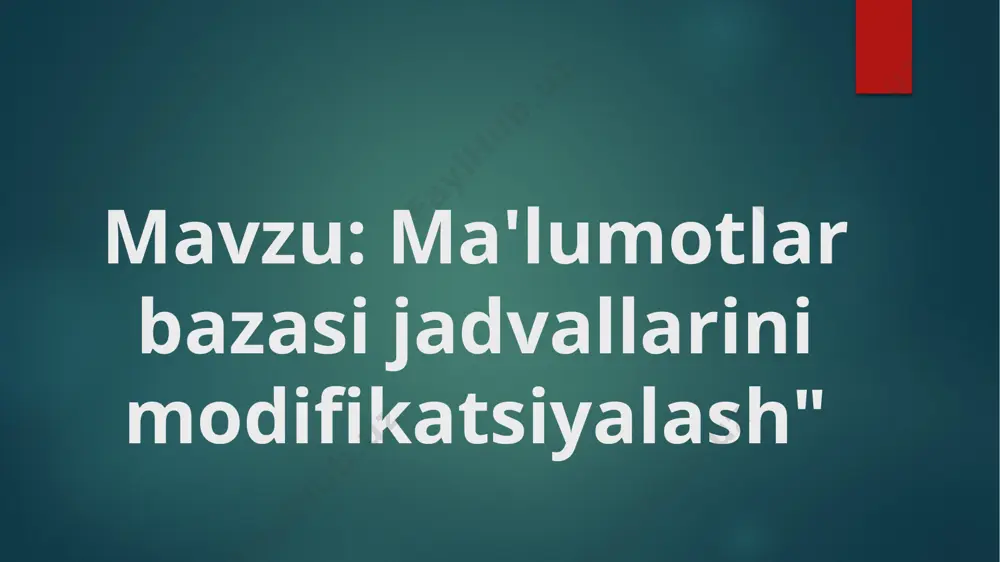 kodi qisqa matn abonentning familiyasi qisqa matn manzil qisqa matn davomiyligi (kunlar) raqamli jadval 3. ma'lumotlarning ulanishi data link jadvali uchun tuzilma yarating: maydon nomi maydon turi raqam hisoblagich nashr kodi qisqa matn abonent kodi qisqa matn 2.2. ma'lumotlar sxemasini yaratish ma'lumotlar bazalari bilan ishlash yorlig'ida ma'lumotlar sxemasini tanlang jadvallarni tanlash va ko'chirish ulanishlarni o'zgartirishni bosing yangi ulanish yaratilmoqda yaratishni tanlang kerakli ulanishlarni tanlash xuddi shu tarzda ikkinchi ulanishni yaratamiz. image6.png image7.png image8.png image9.png image10.png image11.png image12.png image13.png image14.png image15.png image16.png image17.png image18.png image19.png image20.png image21.png image22.png image23.png image2.png image3.png image4.png image5.png /docprops/thumbnail.jpeg