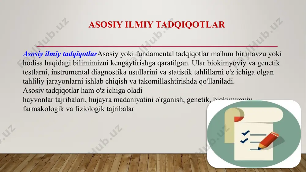 mani o'rganayotgani, ilmiy bilim nimaga qaratilganligi. субъект - aniq tadqiqotchi, ilmiy xodim, ilmiy tashkilot, tashkilot mutaxassisi. ilmiy tadqiqot субъекти: individual tadqiqotchi ilmiy hamjamiyat ilmiy jamoa umuman jamiyat muammo bir qancha mavzulardan iborat mavzu muayyan sohani qamrab oluvchi ilmiy muammodir ilmiy tadqiqot. u ko'plab tadqiqot savollariga asoslangan bo'lib, ular kichikroq ilmiy muammolar sifatida tushuniladi. mavzu yoki savolni ishlab chiqishda tadqiqotda aniq vazifa qo'yiladi : yangi davolash usuli, yangi material, texnologiyani ishlab chiqish va hokazo. muammo yoki mavzuni qo'yishni tanlash juda murakkab va mas'uliyatli vazifa va bir qator bosqichlarni o'z ichiga oladi: muammoni shakllantirish; muammoning tuzilishini ishlab chiqish (mavzular va savollar aniqlanadi ); muammoning dolzarbligini aniqlash, ya'ni. uning fan uchun qadriyatlari va texnologiya. muammoni asoslab, uning tuzilishini o'rnatgandan so'ng, ular ilmiy tadqiqot mavzusini tanlashga kirishadilar. mavzu bir qator bilan taqdim etiladi talablar: dolzarbligi, yangilik, iqtisodiy samaradorlik ahamiyati. muammoni aks ettiradi. muvaffaqiyatli mavzu muammoni aniqlaydi, g'oyani aniqlaydi va tadqiqot doirasini belgilaydi. misollar: "o'rta …