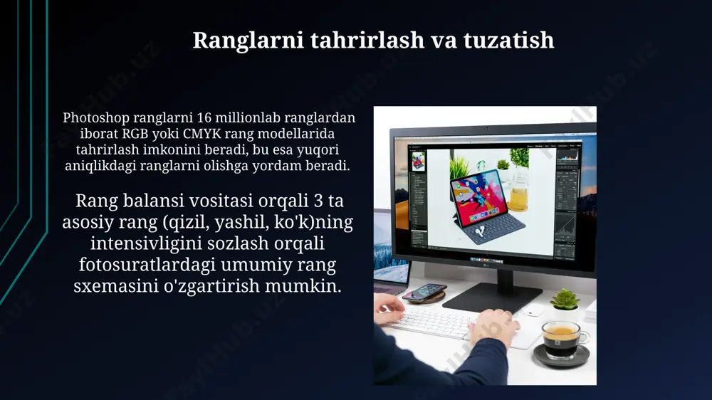 b vazifalarni bajarish imkonini beradi. "smart filters" funksiyasi filtrlarni qatlam sifatida qo'llashga imkon beradi, bu esa ularni keyinchalik tahrirlash yoki o'chirish imkoniyatini ta'minlaydi, shuningdek, 100% sifatni saqlaydi. interfeys va asosiy vositalar asosiy vositalar orasida "move" (ko'chirish) vositasi, "lasso" (arqon) vositasi va "brush" (cho'tka) vositasi kabi 3 ta asosiy guruh mavjud bo'lib, ular rasmni tahrirlashning turli bosqichlarida qo'llaniladi. photoshopning qatlamli tuzilmasi (layers) rasmni 10 dan ortiq qatlamlarga bo'lish imkonini beradi, bu esa har bir elementni alohida tahrirlash va boshqarishga imkon beradi. rasm hajmini o'zgartirish va kesish rasmning bir qismini 3:2 nisbatda kesib olish, keyinchalik "free transform" (ctrl+t) yordamida 10% kattalashtirish, rasmning aniqligi va detalizatsiyasiga ta'sir qilishi mumkin. photoshopda rasm hajmini 300 dpi o'lchamda 1000x1000 pikselga o'zgartirish sifatni saqlash uchun "image size" oynasida "resample image" parametrini o'chirib qo'yishni talab qiladi. e'tiboringiz uchun rahmat @taqdimot_robot image1.jpg image2.jpg image3.jpg image4.jpg image5.jpg image6.jpg image7.jpg image8.jpg image9.jpg image10.jpg image11.jpg image12.jpg
