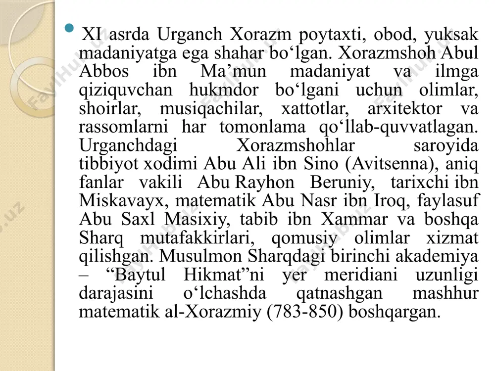 tdi, bu sonlar nazariyasini kengaytirdi va manfiy sonlarga о‘tish imkonini berdi. shu muvaffaqiyatlari uchun matematikaning yangi bо‘limi al-xorazmiy sharafiga “algebra” deb atalgan. al-xorazmiyning mashhur “kitob al-jabr van-muqobala” (tiklash va qarama-qarshi qо‘yish haqidagi kitobi) da algebra ilk bor matematikaning mustaqil sohasi sifatida qaraladi. zamonaviy kibernetikaning asosiy tushunchasi, uning zaruriy asoslaridan biri “algoritm” etimologik jihatdan al-xorazmiyning ismi bilan bog‘liq. urganchda о‘ziga xos akademiya – “bilimdonlar uyi” tashkil qilingan edi, unda astronomiya, falsafa, matematika, tibbiyot bо‘yicha tadqiqotlar о‘tkazilgan. lekin bu holat urganchda 1017-yilda mahmud g‘aznaviy xorazmni istilo qilgunicha saqlanib qoldi. shunday qilib sharqda, xususan, о‘rta osiyoda, ilmiy faoliyatni akademiya shaklida tashkil qilish an’anaga aylandi va urganchdagi akademiyaga о‘xshash muassasalar keyingi asrlarda ham yaratilgan (tuzilgan). samarqandda akademiya mirzo muhammad tarag‘ay ulug‘bek tomonidan xv asrda tashkil etilgan. akademiya qoshida observatoriya, о‘sha davrning boy kutubxonasi va oliy о‘quv yurti – madrasa bо‘lgan. madrasada diniy fanlar bilan bir qatorda matematika, geometriya, astronomiya, tibbiyot, geografiya va boshqa dunyoviy …