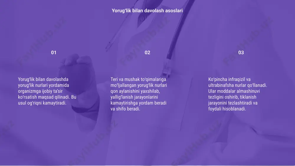 kin boʻlgan nojoʻya ta'sirlarga tayyor boʻlish kerak. yorugʻlik terapiyasi va nafas olish muolajalari bolalar hamda yoshi katta bemorlar uchun alohida nazorat ostida amalga oshirilishi zarur sanaladi. terapiya xavfsizligi va ehtiyot choralari e’tiboringiz uchun rahmat image1.png image2.png image3.png image4.gif image5.png image6.png image11.png