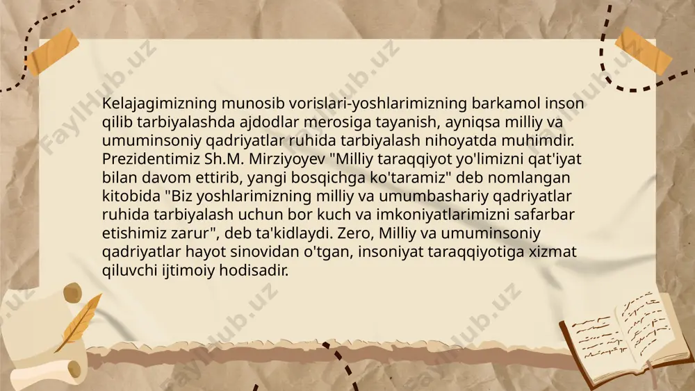 urf-odatlarimizdan biri-oila va qarindoshlik munosabatlar odobidir. kattalarni hurmat qilish, o'zaro yordamlashish, kelajak avlod haqida g'amxo'rlik qilish hamisha uning asosiy qoidalari bo'lib kelgan. biz ming yillar davomida shakllangan, odamlarning hayoti ichki dunyosidagi mustahkam o'rin olgan, unga barcha amal qiladigan, insonlarning qon-qoniga singib ketgan an'analarimizni, ota-bobolarimiz bizga qoldirgan olijanob qadriyatlarni, g'ururimizni ko'taradigan, xalqimizni obro'siga obro' qo'shadigan insoniy odat va fazilatlarni saqlash, asrab-avaylash va eng katta boylik sifatida yangi kelajak avlodlarga etkazish zarur. bugun yurtimizda qadriyatlarimizni qadrlaydigan, ezgu an'analarga o'z hayotiy mo'ljalida muhim omil sifatida munosabatda bo'ladigan yoshlar ko'p. lekin hayoti va istiqbolida milliy qadriyatlarning o'rnini biroz to'g'ri tushunmaydigan yoki o'zini undan xoli holda ko'rib milliy madaniyatimizga e'tiborsizroq bo'lgan yoshlarimiz borligini ham hozircha inkor etolmaymiz. barchamiz guvohmiz-bugun dunyo misli ko'rilmagan sur'atlar bilan keskin o'zgarib bormoqda. ijtimoiy hayotimizda ko'plab ijobiy jarayonlar bilan birga, yosh avlodning qalbi va ongini egallashga qaratilgan ma'naviy tahdidlar ham tobora xavfli tus olmoqda. ijtimoiy hayotni jamiyat tomonidan e'tirof etilgan qadriyatlarsiz …