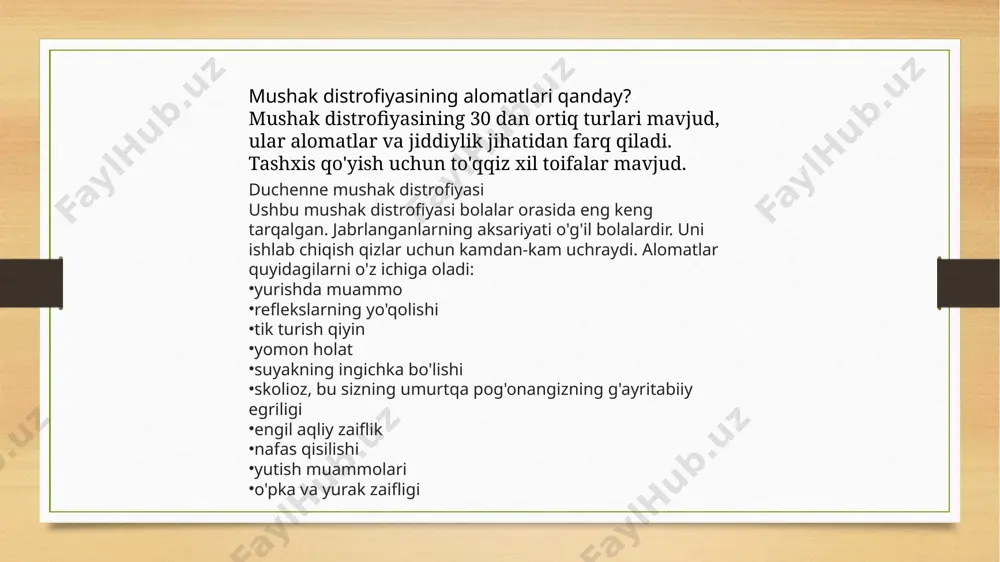 rga ta'sir qilishi mumkin: miyonik distrofiya quyidagilarga ta'sir qilishi mumkin: yuz mushaklari markaziy asab tizimi buyrak usti bezlari yurak qalqonsimon bez ko'zlar oshqozon-ichak trakti semptomlar ko'pincha sizning yuzingiz va bo'yningizda paydo bo'ladi. ularga quyidagilar kiradi: yuzingizdagi mushaklarni yupqalashtirib, ingichka va bejirim ko'rinishga olib keladi bo'yin mushaklarining zaifligi tufayli bo'yningizni ko'tarishda qiyinchilik yutish qiyinligi tomoq yoki ptoz bosh terisi old qismida keksalik yomon ko'rish, shu jumladan katarakt vazn yo'qotish terlashning ko'payish miyonik distrofiya tashxisi 20 yoshdan 30 yoshgacha bo'lgan kattalarda keng tarqalgan. alomatlarning jiddiyligi juda katta farq qilishi mumkin. ba'zi odamlar engil simptomlarni boshdan kechiradilar, boshqalarida yurak va o'pka bilan bog'liq hayot uchun xavfli alomatlar mavjud. fotosuratlarumeral (fshd) fasiyouzunumumeral mushak distrofiyasi (fshd) landouzi-dejerin kasalligi sifatida ham tanilgan. ushbu mushak distrofiyasi yuzingiz, elkangiz va yuqori qo'llaringizdagi mushaklarga ta'sir qiladi. fshd sabab bo'lishi mumkin: chaynash yoki yutish qiyinligi egilgan elkalar og'izning egri ko'rinishi elkama pichoqlarining qanotga o'xshash ko'rinishi fshd bilan og'rigan odamlarning kamroq …