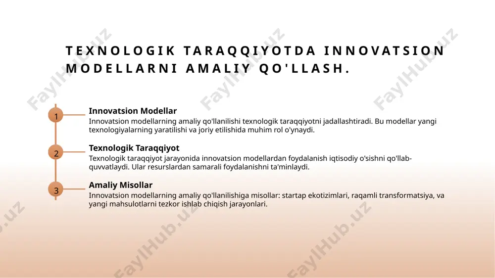 sh innovatsion ekotizimlar samarali rivojlanishi uchun zarur resurslar, jumladan, moliyaviy, texnologik va insoniy kapital bilan ta'minlash juda muhimdir. 4 ta'lim va rivojlanish ta'lim va rivojlanish dasturlari yangi innovatorlarni tayyorlashga yordam beradi, bu esa mahalliy innovatsiyalarning barqarorligini ta'minlaydi va kelajak avlodlarni qo'llab-quvvatlaydi. innovatsion ekotizimlar: xalqaro tajriba va o'zbekistonga tatbiq. 1 xalqaro tajribalar - xalqaro tajribalar ko'rsatishicha, innovatsion ekotizimlarni muvaffaqiyatli yaratish uchun hamkorlik, resurslar almashinuvi va davlat qo'llab-quvvatlovi juda muhimdir. 2 o'zbekistonga tatbiq - o'zbekistonda xalqaro tajribalarni tatbiq etish, innovatsion ekotizim uchun mahalliy sharoitlarni moslashtirish va mahalliy resurslardan samarali foydalanishni talab qiladi. 3 innovatsion hamkorlik - innovatsion hamkorlik global miqyosda texnologik taraqqiyotni jadallashtiradi va o'zbekistonda innovatsion loyihalarni amalga oshirish imkoniyatlarini kengaytiradi. 4 davlat qo'llab-quvvatlovi - davlat qo'llab-quvvatlovi, soliq imtiyozlari va grantlar orqali, innovatsion ekotizimlarni rivojlantirishda asosiy omillardan biri hisoblanadi. innovatsion ekotizimlarni qo'llab-quvvatlashda hukumat strategiyalari. 1 hukumat yondashuvi hukumat innovatsion ekotizimlarni rivojlantirish uchun strategik yondashuvlarni amalga oshiradi. bu yondashuvlar yangi texnologiyalar va ilmiy …