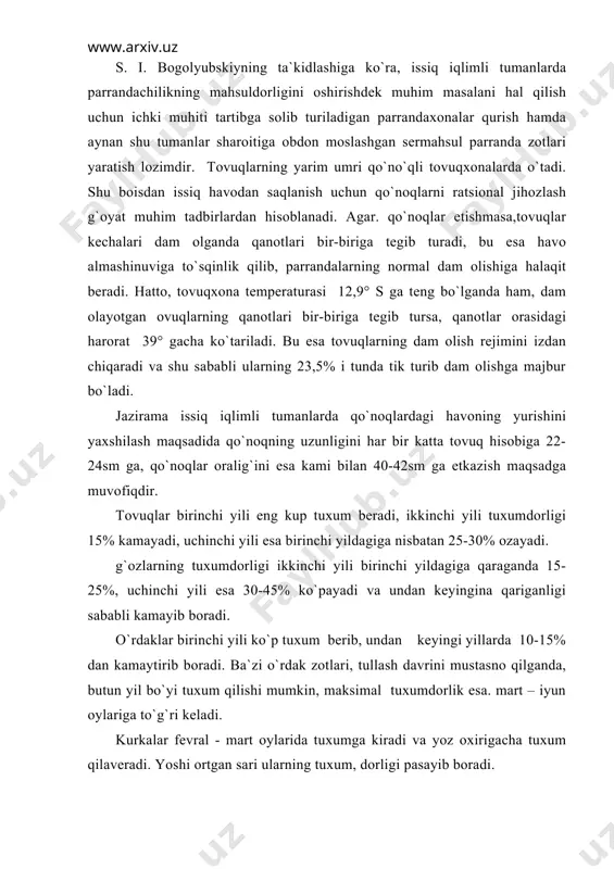 qilavеradi. yoshi ortgan sari ularning tuxum, dorligi pasayib boradi. tuxumdorlikni hisobga olish. naslchilik xo`jaliklarida har bosh parrandaning tuxumdorligi hisobga olib boriladi. buning uchun kontrol uyalarga tuxum qo`yadigan har bir zotdor tovuqning kundalik tuxumdorligi uning individual nomеri bo`yicha ochilgan kartochkalarga qayd etib boriladi. zotli tovuqlarning yillik tuxumdorligi har oyda qilgan tuxumlari yig`indisiga qarab aniqlanadi. sanoat asosida tashkil etilgan xo`jaliklarda o`rtacha tuxumdorlikni bilish uchun ma`lum vaqt mobaynida olingan yalpi tuxum miqdorini tuxumdor parrandalarning o`rtacha soniga bo`lish kеrak. tuxumdor tovuqlarning bir oylik o`rtacha sonini aniqlash uchun bir oy mobaynidagi har kunlik tuxumdor tovuqlar miqdori jamlanib, o`sha oydagi kunlar soniga bo`linadi. bir oylik o`rtacha tuxumdorlik esa bir oyda olingan yalpi tuxum miqdorini oylik o`rtacha tuxumdor tovuqlar soniga bo`lish yo`li bilan aniqlanadi. yillik o`rtacha tuxumdorlikni aniqlashda 12 oy mobaynidagi oylik o`rtacha tuxumdorlik yirindisi yoki yillik yalpi tuxum miqdori o`sha yildagi tuxumdor tovuqlarning o`rtacha yillik soniga bo`linadi. go`sht mahsuldorligi parrandalarning go`sht mahsuldorligini xaraktеrlaydigan omillar quyidagilar: tirik …