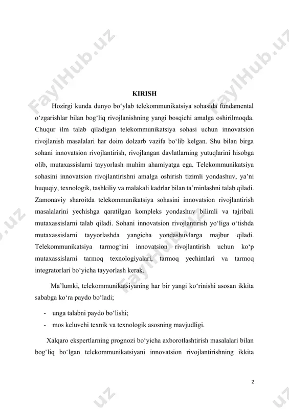 ‘liga o‘tishda mutaxassislarni tayyorlashda yangicha yondashuvlarga majbur qiladi. telekommunikatsiya tarmog‘ini innovatsion rivojlantirish uchun ko‘p mutaxassislarni tarmoq texnologiyalari, tarmoq yechimlari va tarmoq integratorlari bo‘yicha tayyorlash kerak. ma’lumki, telekommunikatsiyaning har bir yangi ko‘rinishi asosan ikkita sababga ko‘ra paydo bo‘ladi; · unga talabni paydo bo‘lishi; · mos keluvchi texnik va texnologik asosning mavjudligi. xalqaro ekspertlarning prognozi bo‘yicha axborotlashtirish masalalari bilan bog‘liq bo‘lgan telekommunikatsiyani innovatsion rivojlantirishning ikkita asosiy yo‘nalishini, ya’ni telekommunikatsiya rivojining asosiy yo‘nalishini va telekommunikatsiya rivojining asosiy kuchini aniqlashga yordam berdi. telekommunikatsiya rivojining asosiy yo‘li – bugungi kunda integratsiya jarayonlarini, ya’ni texnologiyalar, tarmoqlar va xizmatlar (turli ko‘rinishdagi axborotlarni uzatishga mo‘ljallangan) kuchaytirish hisoblanadi. integratsiya – bu bir maqsadda birlashish va o‘zaro ishlash tushuniladi. bu bo‘lishi mumkin: · ko‘plab turli texnologiyalar; · ko‘plab turli tarmoqlar; · ko‘plab turli xizmatlar (telekommunikatsiya xizmatlari va axborot xizmatlarining birlashishi, ya’ni multimediya ko‘rinishidagi). telekommunikatsiya rivojining asosiy kuchi – bu foydalanuvchilarning muloqot paytida kerakli vaqtda, kerakli joyda, kerakli formada va harakatda …