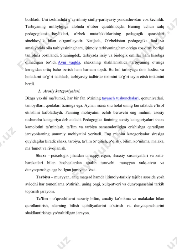 k pedagogik xatolikka olib keldi. buning natijasida tarbiya maqsadsiz bo‘lib qoldi, tarbiyalanuvchilarga alohida shaxssifatida emas, istalgan ijtimoiy yo‘nalishga solinishi mumkin bo‘lgan qiyofasiz to‘da, olomon tarzida qarash qaror topdi, bu holtarbiyaning samarasizligiga olib keldi. chunki tarbiyaning asosiy ob’ekti bo‘lmish shaxs va uning o‘ziga xoslik jihatlari unutilgan edi. sho‘ro pedagogik tizimidagi kamchiliklarning ildizi, asosan, manashu yondashuv tarziga borib taqaladi. o‘zbekiston mustaqillikka erishgach, tarbiya va unga bog‘liq jarayonlarga yangi hamda sog‘lom pedagogik tafakkurga tayangan holda yondashuv qaror topa boshladi. uni izohlashda g‘ayriilmiy sinfiy-partiyaviy yondashuvdan voz kechildi. tarbiyaning milliyligiga alohida e’tibor qaratilmoqda. buning uchun xalq pedagogikasi boyliklari, o‘zbek mutafakkirlarining pedagogik qarashlari sinchkovlik bilan o‘rganilayotir. natijada, o‘zbekiston pedagogika fani va amaliyotida oila tarbiyasining ham, ijtimoiy tarbiyaning ham o‘ziga xos o‘rni borligi tan olina boshlandi. shuningdek, tarbiyada irsiy va biologik omillar ham hisobga olinadigan bo‘ldi. ayni vaqtda, shaxsning shakllanishida tarbiyaning o‘rniga keragidan ortiq baho berish ham barham topdi. bu hol tarbiyaga doir hodisa va holatlarni to‘g‘ri …
