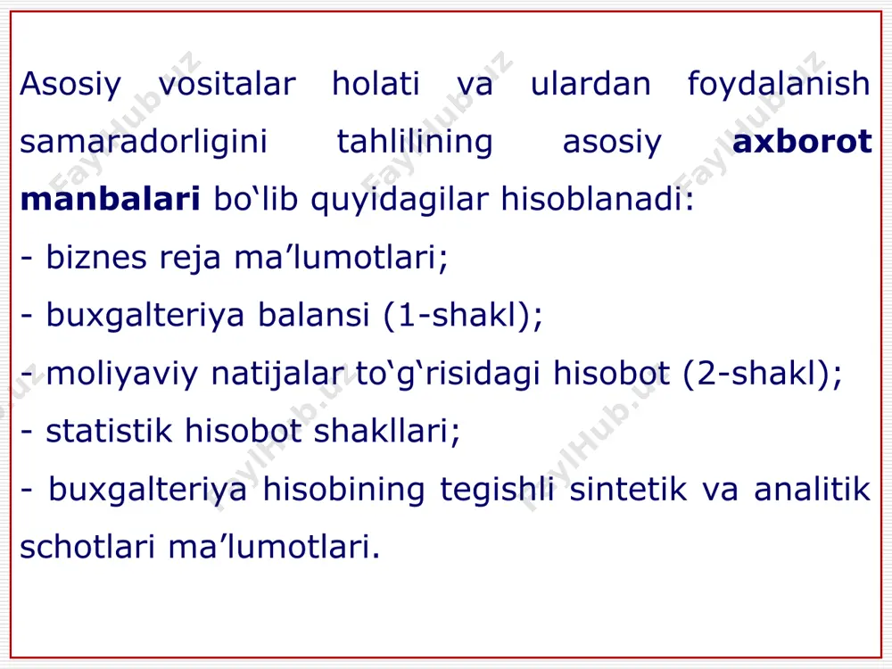 i, ming so‘m qoldiq qiymati, ming so‘m eskirish darajasi, % yaroqlilik darajasi, % 1. 2020 yil 88154 39669 48485 44,9 55,1 2. 2021 yil 101991 46259 55732 45,4 54,6 3. farqi, (+,-) “orzu” mchjda asosiy vositalarning harakat ko‘rsatkichlari tahlili asosiy vositalar asosiy vositalar yil boshiga qoldig‘i yangidan qabul qilingan asosiy vositalar chiqib ketgan asosiy vositalar asosiy vositalar yil oxiriga qoldig‘i yangilanish koeffitsiyenti chiqib ketish koeffitsiyenti o‘tgan yil 44416 8964 4895 48485 0,185 0,110 hisobot yili 48485 24077 10240 55732 0,432 0,211 o‘zgarishi (+,-) asosiy vositalar bilan ta’minlanganlik darajasini ifodalovchi ko‘rsatkichlar va ularni aniqlash tartibi № ko‘rsatkichlar aniqlash tartibi izoh 1 asosiy vositalarning bilan ta’minlanish koeffitsiyenti (kt) kt = av / tb bu yerda: av – asosiy vositalarning o‘rtacha yillik qiymati, tb – taqsimlash bazasi bu ko‘rsatkich taqsimlash bazasi birligiga nisbatan to‘g‘ri keladigan asosiy vositalar hajmini ifodalaydi 2 asosiy vositalar bilan qurollanish koeffitsiyenti (kq) kq = av / x bu yerda: …