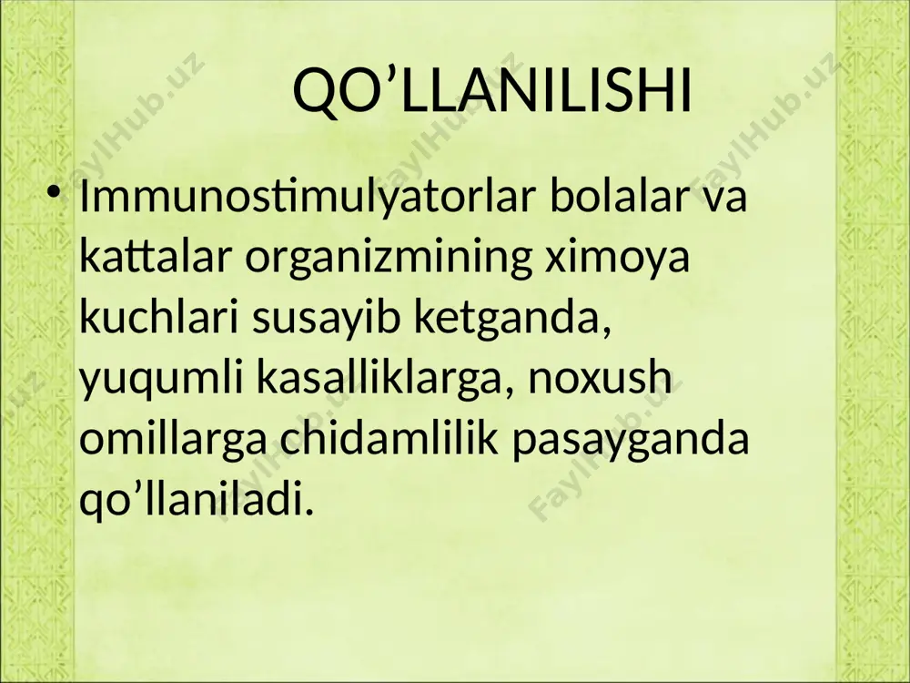 atadi h1gistaminoretseptorlarni qo’zg’atib, xujayra membranalarida fosfolipaza c fermentini faollashtiradi, u fosfotidilinozinni parchalab, fosfotidilni ajratadi, u esa ca ionlarining silliq mushaklarga o’tishini ta’minlaydi, ca ularni qisqartiradi. shu sababli gistamin bronx, arteriola, venula, ichak, bachadon silliq mushaklarini qisqartiradi, bronxospazm xosil bo’ladi, yurakka qonning qaytishi, uning daqiqalik xajmi kamayadi, qon quyuqlashadi, qon bosimi pasayadi, qichishish va og’riq paydo bo’ladi. qo’llanilishi gistaminning o’zidorimodda sifatida qo’llanilmaydi, diagnostik modda sifatida oshqozon faoliyatini, feoxromositomalarni tekshirish xamda xayvonlarda tajribalar o’tqazish uchun qo’llaniladi. tibbiyotda gistaminning ta’sirini bartaraf qiluvchi-h1 va h2-gistaminoretseptorlar qo’llaniladi. h1-gistamin ta’sir mexanizmi bo’yicha bo’linadi: 1. gistamin retseptorlarini falajlovchi-gistaminolitik moddalar. 2. erkin xolatdagi gistaminni xajmini kamaytiradigan moddalar. 3. gistamin xosil bo’lishini kamaytiradigan moddalar dori moddalari gistamin retseptorlarini falajlovchi: -dimedrol; -diprazin; -suprastin; -tavegil; -fenkarol; moddalar h1-retseptorlarni bog’lab, gistaminning retseptorlarga bo’ladigan ta’siriga to’sqinlik qiladi moddalar uyqu chaqirish, qusish markazi faoliyatini susaytirish xuxusiyatiga ega. antigistamin moddalar diprazil-narkotik analgetiklar ta’sirini oshiradi, tana xaroratini tushiradi. demidrol-pediatriyada qo’llaniladi, yuqori nafas yo’llari kasalliklarida, teridagi allergik …