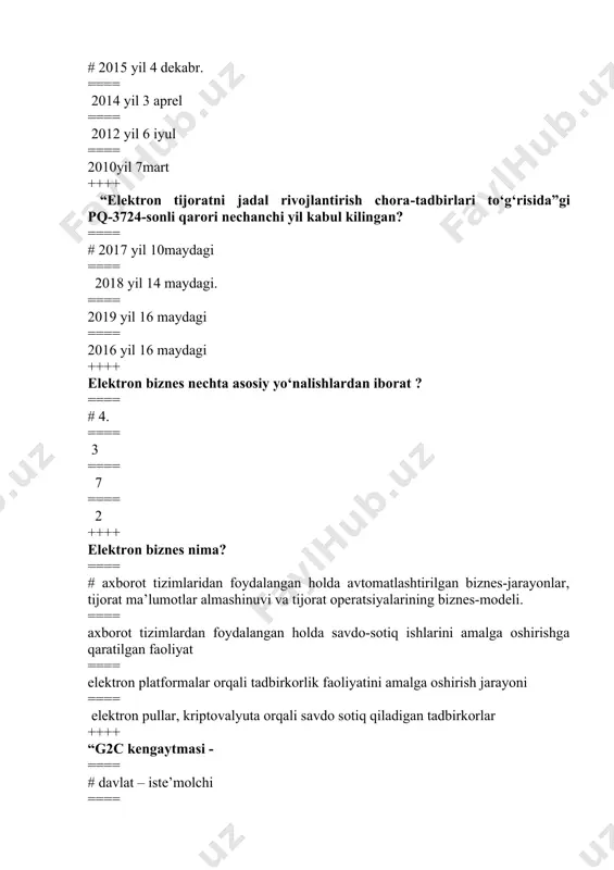 ko`rsatkichlari o`rtasidagi elementar iqtisodiyoti ==== marketing va ularning rivojlanishi to`grisidagi iqtisodiyoti ==== jaxon internet trafikining dinamikasi to`g`risidagi iqtisodiyoti ++++ jaxon internet trafikining dinamikasi 2017 yilga kelib necha g|b|s ni tashkil etdi? ==== # 46000 ==== 150700 ==== 2000 ==== 100 ++++ raqamli iqtisodiyotning iqtisodiy afzalliklari keltirilgan jumlani toping? ==== # mehnat unumdorligini oshishi ==== o`simliklarni asrab avaylash ==== tibbiyotni rivojlantirish ==== kambaga`llikni qisqartirish ++++ raqamli iqtisodiyotning ijtimoiy afzalliklaridan biri keltirilgan jumlani toping? ==== # hammabop tibbiyot ==== iqtisodiy o`sishning tezlashishi ==== ishlab chiqarish xarajatlarining qisqarishi ==== jaxon bozoriga maxsulot chiqarish ++++ axborotlashgan jamiyat tushunchasining mualliflari keltirilgan qatorni toping? ==== # y.xayashi, i.masuda ==== a.smet, d.rekordo ==== jek uyilson , toms a ==== keynis g, toms a ++++ elektron biznes atamasi nechinchi va qaysi kompaniya tomonidan uylab topilgan? ==== # 1996 ibm ==== 1993 ibm ==== 1994 iib ==== 1995 yunisko ++++ ibm kompaniyasining sobiq bosh rahbari? ==== # luyis gernster …