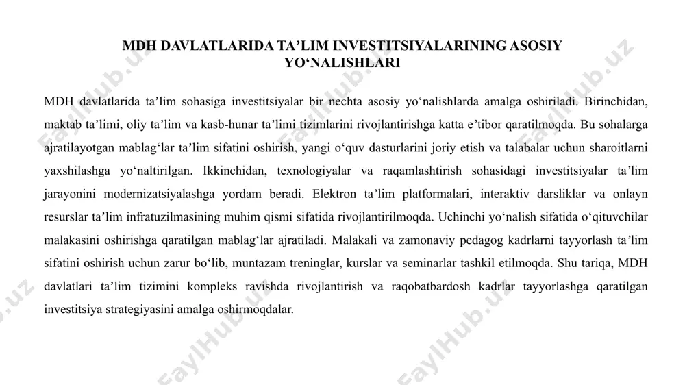tizimini zamonaviylashtirish, raqobatbardosh kadrlar tayyorlash va iqtisodiyotni innovatsion yo‘lga olib chiqishga xizmat qiladi. taʼlim sohasida moliyaviy barqarorlik va samaradorlikni oshirish taʼlim sohasida moliyaviy barqarorlik va samaradorlikni oshirish uchun samarali moliyalashtirish mexanizmlari ishlab chiqiladi. bu mexanizmlar orqali resurslar maqsadli va oqilona taqsimlanadi, taʼlim sifatini oshirishga yo‘naltiriladi. public-private partnership (ppp) — davlat va xususiy sektor hamkorligi taʼlim infratuzilmasini rivojlantirish, yangi loyihalarni amalga oshirish va xizmatlar sifatini yaxshilashda muhim vosita hisoblanadi. shuningdek, investitsiyalarni nazorat qilish va monitoring qilish tizimlari joriy etilib, mablag‘larning samarali ishlatilishi, loyihalarning natijadorligi va uzoq muddatli taʼsirini baholash taʼminlanadi. bu esa taʼlim sohasiga kiritilgan sarmoyalarning barqarorligini va samaradorligini taʼminlaydi. e’tiboringiz uchun rahmat! image1.png image2.png image3.png image4.png image5.png /docprops/thumbnail.jpeg