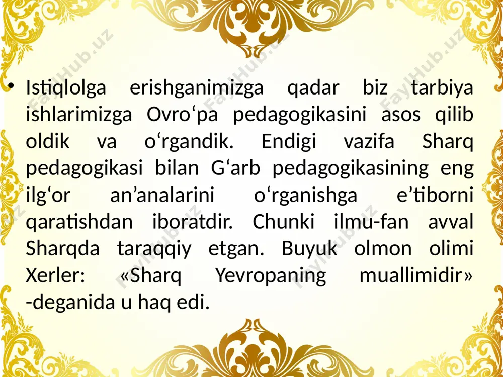 y tarbiya orqali nasldan - naslga o‘tib mustahkamlanib bordi. jismoniy mehnat bilan shug‘ullanuvchi oddiy xalqdan ustun darajada turuvchi jangchilar va koxinlar guruhlari paydo bo‘la boshladi. koxinlar o‘zlari o‘rganib olgan boshlang‘ich ilmiy bilimlarni oddiy kishilardan yashirib, bolalariga o‘rgata bordilar va shu tariqa bunday bilimlar avloddan-avlodga o‘tadigan bo‘lib qoldi. markaziy osiyoning ibtidoiy jamoa tuzumi davrida vujudga kelgan madaniy-ma’rifiy fikr va g‘oyalarni, tarbiya masalalari bo‘yicha xalq, yaratgan juda ko‘p manbalarni o‘rganish nihoyasiga yetkazilmagan. hozir ularni mufassal o‘rganish uchun mustaqil respublikamizda keng imkoniyat yaratildi. bir qancha sharqshunos olimlarimiz hindiston, xitoy, angliya, farangiston va arab mamlakatlaridagi talaygina qo‘lyozmalarni o‘rganishga muyassar bo‘ldilar va hozir ham davom ettirmoqdalar. jumladan, t.n.qori niyoziy, x.sulaymon b.o.axmedov, s.g‘aniyeva, o.usmonov, n.mallayev, f.sulaymonova, m.xayrullayev, i.mo‘minov va boshqalarning bu sohadagi xizmatlari juda kattadir. markaziy osiyo xalqlarining, shu jumladan, o‘zbek xalqining madaniyati, ma’rifati, milliy qadriyati osori-atiqalarini o‘rganib, shular haqida o‘lmas asarlar yaratgan tarixshunos, sharqshunos olimlar - gerodot, xerman vamber, a.y.yakubovskiy, s.p.tolstov, ye.e.bertels, v.v.bartold, ye.berezikov va …