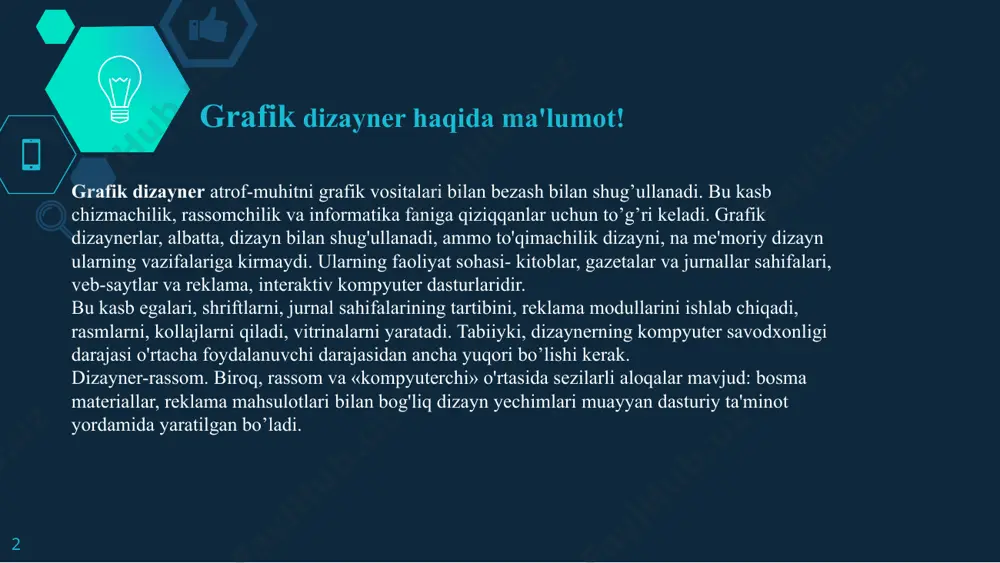 riftni tanlash va o'quvchi bajarishi mumkin bo'lgan skanerlash asosida sahifalarni yig'ish uchun bilimga ega. ular omma nimani o'ziga jalb qilishi kerakligini bilishadi, shuning uchun ular matnlarni ta'kidlash yoki e'tiborni jalb qilish uchun strategik tarzda joylashtirilgan aniq fotosuratlarga ustunlik berishadi. eng "jiddiy" tahririyat dizayni bo'lsa, biz adabiy mavzu haqida gapiramiz, ya'ni kitobni muqovasidan ichki sahifalariga, orqa muqovasiga, orqa miya va boshqalarga qanday qurish kerak. 7 8 grafik dizayn turlari ekologik dizayn bu juda modaga aylangan dizayn va kelajakda bu shubhasiz muhimroq bo'lishi mumkin. bu odamlarni tabiiy, atrof-muhit bilan bog'liq jihatlar bilan vizual tarzda bog'lashga ustuvor ahamiyat beradi. atrof-muhit atamasi bilan adashmang, chunki u nafaqat tabiat va atrof-muhitga, balki arxitektura, san'at, landshaft va boshqalarga ham tegishli. boshqacha qilib aytganda, tabiiy park uchun risolaning dizayni kvartiralarni sotish bilan bir xil bo'lishi mumkin. veb-sayt dizayni blog, kompaniya veb-sayti, onlayn-do'kon bo'ladimi, farqi yo'q... agar siz shablon yaratishingiz kerak bo'lsa va siz shablonlardan foydalanishni istamasangiz, lekin …