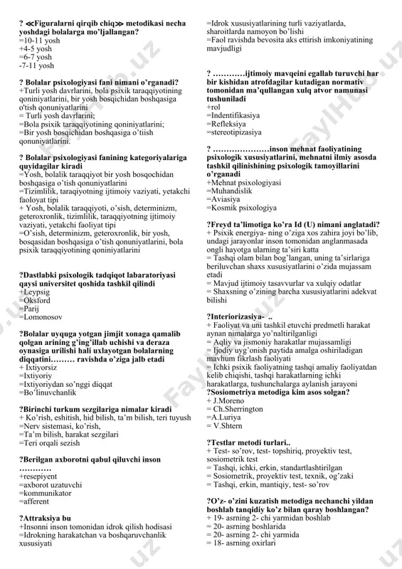 kter xususiyatlari o’rganiladi ? ≪bu erda nima ortiqcha?≫ metodikasi necha yoshdagi bolalarni diagnostika qilishga mo’ljallangan? +ushbu metodika 4 yoshdan 5 yoshgacha bo’lgan bolalarga mo‘lijallangan = ushbu metodika 8 yoshdan 9 yoshgacha bo’lgan bolalarga mo‘lijallangan = ushbu metodika 14 yoshdan 15 yoshgacha bo’lgan bolalarga mol‘ijallangan = ushbu metodika 1 yoshdan 3 yoshgacha bo’lgan bolalarga mo‘lijallangan ? ≪rasmlarga qanday predmet yetishniaydi≫ metodikasi nimani o’rganadi? = bu metodika 3 yoshdan 4 yoshgacha bo'lgan bolalarning xayol jaoayonini diagnostik tadqiq qilish uchun mo‘ljallangan + bu metodika 3 yoshdan 4 yoshgacha bo'lgan bolalarning tafakkurini diagnostik tadqiq qilish uchun mo‘ljallangan = bu metodika 8 yoshdan 15 yoshgacha bo'lgan bolalarning idrokini diagnostik tadqiq qilish uchun mo‘ljallangan = bu metodika 3 yoshdan 4 yoshgacha bo'lgan bolalarning irodasini diagnostik tadqiq qilish uchun mo‘ljallangan ? ≪guruhlarga bo‘lib ko’r-chi≫ metodikasi… = ushbu metodika 11 yoshdan 15 yoshgacha bo’lgan bolalarning analiz va sintez qilishini o’rganish uchun mo’ljallangan = ushbu metodika 6 yoshdan 7 …