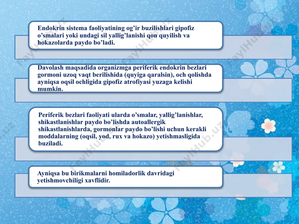 a qandli diabet belgilari rivojlanadi. yuqumli kasalliklarga nisbatan bardoshlilik kamayadi. qalqonsimon bez kasalliklari qalqonsimon bez funksiyasini uning follikulasi belgilaydi. follikula hujayrasi ikki xil tireoid gormon-tiroksin va triyodtironin hosil qiladi. qalqonsimon bez gormonlari follikula bo’shlig’iga chiqib u erda oqsil bilan birikkan holda tireoglobulin shaklda saqlanadi. adenogipo-fizning ttg gormoni qalqonsimon bez gormonini follikula kolloiddidan qonga ajratadi. yodsiz tireoid gormoni sintez bo’lmaydi va qalqonsi-mon bez qonda yodni so’rib oladi. qalqonsimon bezda yana bir gormon, paratgarmon antagonisti bo’lgan kalsitonin ishlab chiqarib, u qondagi kalsiy miqdorini kamaytiradi. qalqonsimon bez gormoni amalda organizmdagi hamma jarayonlarda qatnashadi. u jismoniy, ruhiy va jinsiy rivojlanishni belgilaydi, to’qimalar o’sishini takomillashishini suyaklanishni rag’batlantiradi. tireoid gormonining barcha xususiyatlari ichida uning to’qima-larda oksidlanishni, issiqlik ajratishni ko’paytirishni, oqsil, yog’, uglevod parchalanishini kuchaytirishni rag’batlanti-ruvchi ta'sirini ko’rsatib o’tish kerak. bu kasalliklar qalqonsimon bezning faoliyati buzilishida yoki gipofiz, gipotalamus funksiyalarining buzilishlarida paydo bo’ladi. qalqonsimon bez giperfunksiyasi bazedov kasalligida, tireoid to’qimaning gormon hosil qiluvchi o’smasi-adenomasida kuzatiladi. bunday holat …