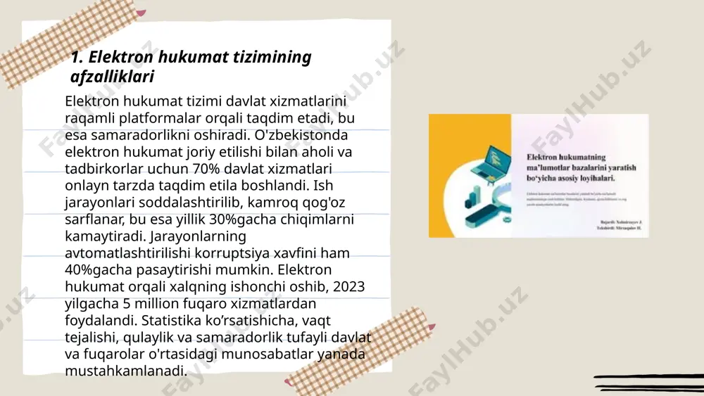 il etmoqda. ... t.me/slaydai_bot ma'lumotlar xavfsizligi va himoyasi zamonaviy texnologiyada asosiy o'rin olgan. 2021-yilda dunyoda kiberhujumlar soni 40% ga oshgan. har kuni 500 ming zararli dastur yaratiladi. ma'lumotlar buzilishi o'rtacha qiymati bir kompaniya uchun 4,24 million aqsh dollarini tashkil qiladi. katta kompaniyalar xavfsizlik uchun yillik byudjetning 10% ini ajratadi. foydalanuvchilarning 80% parol uchun hali ham ojiz kombinatsiyalarni qo'llaydi. 2020-yilda shifrlash ishlatilgan ma'lumotlarning faqat 20% ini qamrab olgan. 40% tashkilotlar o'z xodimlarini xavfsizligi bo'yicha doimiy ravishda o'qitmaydi. global ma'lumotlar xavfsizlik bozori 2023-yilda 170 milliard dollar darajasiga yetishi kutilmoqda. ... t.me/slaydai_bot 7. elektron hujjat imzolash elektron hujjat imzolash — bu hujjatlarni raqamli shaklda tezkor va xavfsiz imzolash usuli. oʻzbekistonda elektron imzo huquqiy kuchga ega boʻlib, u 2004-yilda qabul qilingan "elektron raqamli imzo toʻgʻrisida"gi qonun bilan tartibga solinadi. 2021-yilda yurtimizda 100 mingdan ortiq shaxsiy elektron raqamli imzolar (eri) ishlatilgan. elektron hujjat imzolash orqali kompaniyalar samaradorlikni oshiradi va qogʻoz xarajatlarini 30% gacha kamaytiradi. elektron …