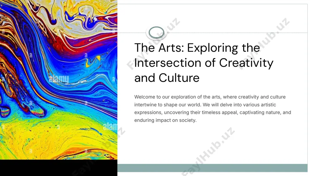 of celebration, ritual, and storytelling, embodying traditions and beliefs. 6 the impact of art on society 1 cultural dialogue art fosters dialogue and understanding by challenging perspectives and exploring diverse experiences. it prompts critical thinking and encourages empathy. 2 emotional expression art provides a powerful outlet for emotional expression, offering a space to explore personal experiences, emotions, and ideas. 3 social commentary art can act as a mirror to society, reflecting its complexities and challenging injustices. it can raise awareness about important issues and inspire social change. 7 image3.jpeg image4.png image5.png image6.png image7.png image8.png image9.png image10.png