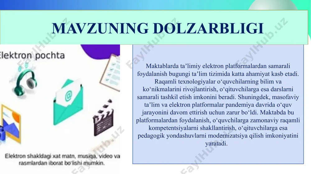 uy vazifasi, baholash natijalari, onlayn materiallar bir tizimda jamlangan. aqshda har bir o‘quvchiga alohida kompyuter yoki planshet berish orqali ta’lim jarayonini raqamlashtirish keng yo‘lga qo‘yilgan. elektron ta’lim dasturlari orqali mustaqil o‘rganish, bilimni baholash va ota-onalar bilan aloqani osonlashtirish mumkin. o‘qituvchilarning raqamli savodxonligini oshirish uchun doimiy o‘quv mashg‘ulotlari tashkil etiladi. o‘quvchilarning darsdagi faolligi, ishtiroki va bilim ko‘rsatkichlari maxsus dasturlar orqali doimiy nazorat qilinadi. yaponiyada har bir o‘quvchi uchun planshet, sifatli internet tarmog‘i va zaruriy dasturlar bilan ta’minlash tizimi yo‘lga qo‘yilgan. o‘qituvchilar uchun maxsus elektron o‘quv dasturlari yaratilgan bo‘lib, ular orqali darslarni rejalashtirish va baholash osonlashgan. o‘quvchilarning sog‘lom fikrlashi va axborotdan to‘g‘ri foydalanishi uchun axloqiy tarbiya bilan bog‘langan raqamli madaniyatga alohida e’tibor qaratiladi. darsdan tashqari ham o‘quvchilarga o‘z ustida ishlash, bilimlarni mustahkamlash va sinov topshiriqlarini bajarish imkoniyati yaratilgan. qiyosiy tahlil № amaldagi holat (o‘zbekistonda) amaldagi holat (xorijda) taklif 1 o‘zbekistonda so‘nggi yillarda ta’lim tizimini raqamlashtirishga alohida e’tibor qaratilmoqda. elektron platformalar soni ortib …