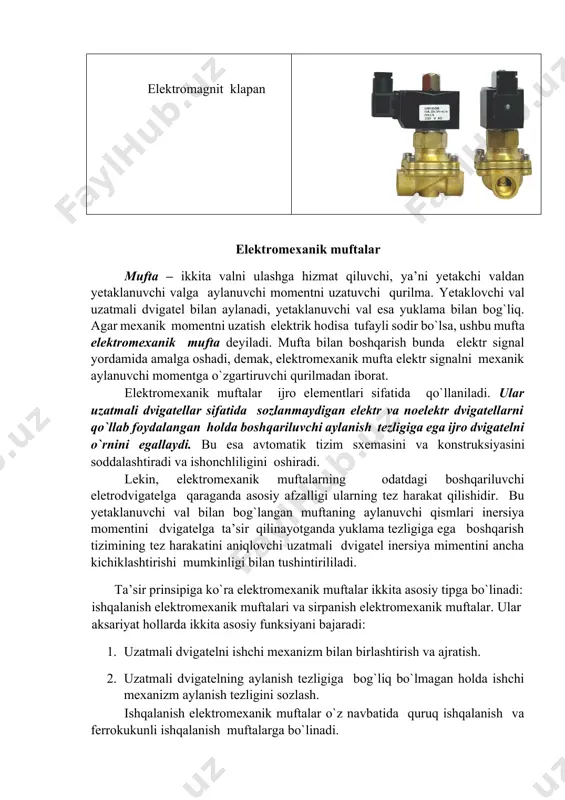 i: 1. uzatmali dvigatelni ishchi mexanizm bilan birlashtirish va ajratish. 1. uzatmali dvigatelning aylanish tezligiga bog`liq bo`lmagan holda ishchi mexanizm aylanish tezligini sozlash. ishqalanish elektromexanik muftalar o`z navbatida quruq ishqalanish va ferrokukunli ishqalanish muftalarga bo`linadi. 2-rasm. quruq ishqalanish muftalarining ishalash prinsipi: a) reversiv b) noreversiv 3-rasm. elektromagnitli boshqarishli ishqalanish muftasi: a – bir diskli, b – ko`p diskli; 1 – yakor, 2- magnituzatma, 3 – cho`lg`am, 4 – ishqalanish diski, 5 – kontakt halqa. 4-rasm. sirpanish elektromexanik muftasi: 1 – yakor; 2 – inductor; 3 – kontakt halqa; 4 – induktor cho`lg`ami; 5 – induktor qutbi. image6.jpeg image7.jpeg image8.jpeg image1.jpeg image2.jpeg image3.jpeg image4.jpeg image5.jpeg