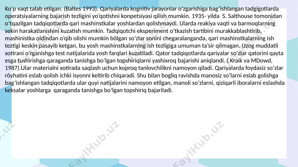 (kirishimlilik, integratsiya yoki ajralib qolish), shaxsiy hayotining tugayotganligini anglash). keksayishning kompleks nazaryalari. kompleks nazariyalar keksayishning biron jihatiga urg’u beradigan nazariyalarga qarshi chiqadi. keksayish ko’p qirrali jarayon bo’lib, u o’zaro biologik, ijtimoiy va psixologik jarayonlar bilan bog’ligdir. har bir insonga o’ziga xos keksayish yo’li xos. dj. terner, d. helms uch o’zaro bog’liq jarayonni ajratib korsatiladir . psixologik keksayish - individ o’zi keksayish jarayonini qanday tassavvur qiladi va his qiladi boshqalarning keksayishi bilan o’zini taqqoslab keksayish jarayoniga qanday munosabatda bo’ladi. biologik keksayish - yosh o’tishi bilan organizmda o’zgarishlarning sodir boladi. ijtimoiy keksayish - individ keksayishni jamiyat bilan ijtimoiy rollarni bajarish bilan qanday bog’laydi. qarilikring yosh chegaralarini turli olimlar turlicha tavsiflashadi, lekin kopchilik 60-65 yoshni qarilikning boshlanishi sifatida e'tirof etishadi. chexiyalik professor b. prijigado 60-75- qarilik, 75-100 yosh keksalik. dz. berren: 50 - 75 yosh so’nggi yetuklik, 75 yoshdan keyin qarilik. d. b. bromley qarlikning 3 bosqichini kôrsatib o’tadi. 65-70 yosh sevimli ishdan …