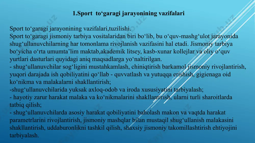 m turmush tarzi tamoyillarini kuchaytirish, milliy gʻurur va iftixor tuygʻusini oshirish, sportning ommaviylashgan va milliy turlarini yanada rivojlantirish. ta’lim muassalarining toʻgarak rahbarlariga texnika xavfsizligi va ishlab chiqarish tozaligiga rioya qilish boʻyicha qoʻyiladigan talablar toʻgarak rahbari quyidagi ishlarni bajaradi: 1. mashgʻulotlarni xavfsiz oʻtkazish choralarini koʻradi. 2. amaldagi texnika xavfsizligi va ishlab chiqarish tozaligiga oid qoidalar va koʻrsatmalarni bajarishni ta’minlaydi. 3. toʻgarak mashgʻulotlarini texnika xavfsizligi qoidalari va me’yorlarida koʻzda tutilgan sharoitlar, zarur anjomlar mavjud boʻlgan taqdirdagina oʻtkaziladi. 4. toʻgarak a’zolariga texnika xavfsizligi boʻyicha koʻrsatma berib, uni maqsadga muvofiq ravishda jurnalda rasmiylashtirib qoʻyadi. 5. toʻgarak mashgʻulotlarida kerakli anjomlarning sozligi, ularning xavfsizlik holati va xonalarning tozaligini ta’minlaydi. 6. baxtsiz xodisalarni oldini olish choralarini ta’minlab, birinchi tibbiy yordam koʻrsatish qoida va tartiblari boʻyicha malaka talablarini takomillashtirib boradi. 7. baxtsiz hodisa roʻy berganda zudlik bilan muassasa rahbariga xabar beradi. 8. yuklatilgan majburiyatlarni bajarmay baxtsiz hodisalarga yoʻl qoʻysa oʻzbekiston respublikasi qonunlari asosida javobgarlikka tortiladi. ta’lim prinsiplari ta’lim …