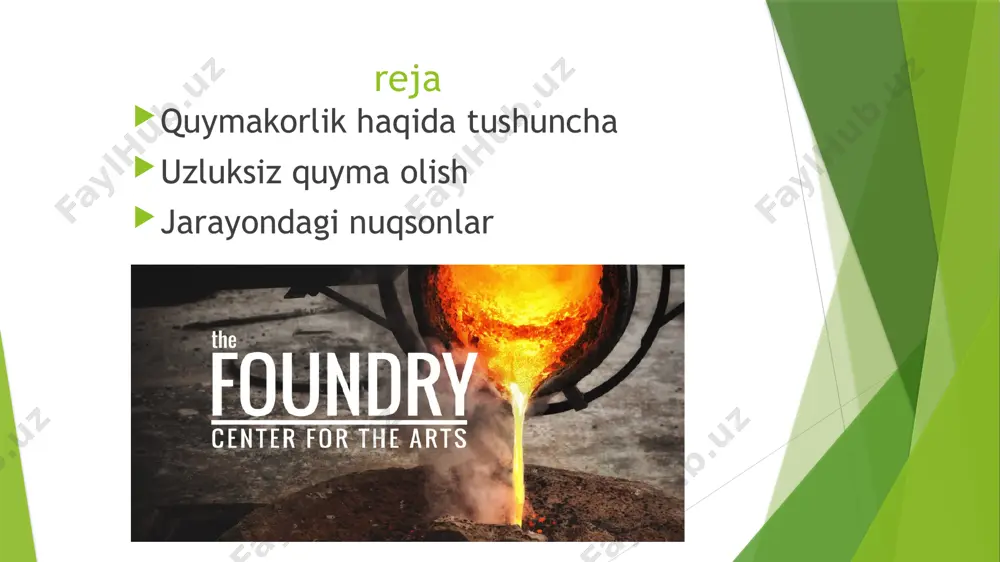 shlash uchun oddiy shakllarga metallning kata hajmlarini mustahkamlashning eng samarali usuli hisoblanadi. foydali taraflari bu jarayon ancha arzon 100% to’qimalarni hosil qiladi jarayon osongina mexanizatsiyalashtirish mumkin va shuning uchun birlik ishchi xarajatlari kamroq dazmollar yuzalarni yaxshi tekkizlaydi don hajmlari va tuzilishi osongina boshqarilishi mumkin ishlab chiqarish ancha yengil va kam chiqim noqulay taraflari qolip uzluksiz ravishda yetarlicha sovutilishi talab qilinadi faqat oddiy shakllar olish mumkin kichik ishlab chiqarish uchun mos emas katta- kata maydonlarni talab qilinadi nuqsonlar har qanday og'ish sifatida aniqlanishi mumkin tashqi ko'rinishi, shakli, hajmi, tuzilishi yoki kimyoviy xossalarida. bunda kamchiliklar aniqlanadi, sirt sifati tekshiriladi. nuqsonlar har doim ham bitta ishning natijasi emas. ko'pincha shikastlanish bir nechta o'zaro ta'sirning natijasidir, o'zgaruvchan parametrlar soniga bog'liq bo’ladi. ichli nuqsonlar yuza nuqsonlari juda kuchli yoki notekis sovutish qolipda metallarni miqdori o’zgarishi dazmollarning yuqori haroratda bolishi bir maromda quymani haydamaslik harakatlantiruvchi mog'orda uzluksiz quymalarni ishlab chiqaruvchi chiziqlar va plitkalarkam nuqsonli yuzasiga ega. …