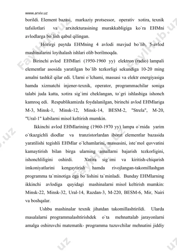 ri bo`yicha oddiy islarga ekvivalent bo`lgan bir necha yuz sxemalar joylashtiriladi. kislarning integratsiyasi yuqori darajada bo`lishi elektron apparatlarni joylashtirish zichligini yanada oshirishga, uning ishonchligini, tezkorligini orttirishga, narxini arzonlashtirishga imkon beradi. to`rtinchi avlod ehmlarini yaratish jarayonida shuningdek insonning mashina bilan o`zaro aloqasi, mashina resurslarini vaqt bo`yicha taksimoti, uzoq masofadan boshqarish, chet tashqi qurilmalarni takomillashtirish kabi masalalarga ham yetarlicha ahamiyat berildi. shuningdek ushbu avlod mashinalari hisoblash texnikasidan foydalanishning yangi texnologiyasiga yo`l ochib berdi. ehmlar hisoblash komplekslari va tarmoqlariga birlashtirila boshlandi. hisoblash komplekslari bir-biridan uzoh joylashmagan bir turli yoki bir turli bo`lmagan bir necha ehmlardan tashkil topadi. o`z navbatida bir-biridan yuzlab, minglab kilometr masofada joylashgan hisoblash komplekslarini va alohida mashinalarni birlashtirish natijasida ehm tarmoqlarini yaratish imkoniyatlari tug`ildi. ularda rivojlangan operatsion tizimlar ishlatila boshlandi. real vaqt doirasida masalalarni yechish imkoniyati yaratildi. hozirgi paytda 90-yillarning oxirlari va xxi asrning dastlabki o`n yilliklarida ishlab chiqiladigan va foydalaniladigan hisoblash quvvati va ishlatilishi imkoniyatlari bo`yicha tengi bo`lmagan ehmlarning …