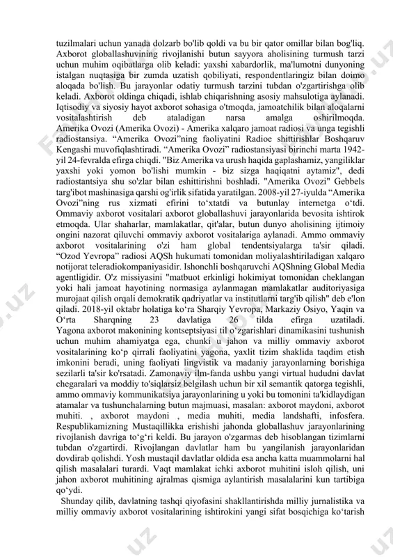 turk, arab va frantsuz tillarida birinchi usmonli gazetasi nashr etildi. sabah (gastrol. "morning", tong gazetasi) - turkiyaning kundalik gazetasi, 1985 yil 22 aprelda izmirda turk tadbirkori dinch bilgin tomonidan asos solingan. shiori "turkiye'nin en iyi gazetesi", 1997 yil yanvar oyida internetda veb-sayt ochildi. amerikaning the new york times gazetasi, the new york times international weekly gazetasidan turkchaga tarjima qilingan maqolalarni chop etish uchun sabah gazetasini tanladi. sabah gazetasi germaniyada sabah deutsch nomi bilan nemis tilida, turkiyada sabah europe nomi bilan, yevropa ittifoqida ingliz, nemis va arab tillarida daily sabah nomi bilan nashr etiladi. 21 ta umumrespublika gazetalarining o'rtacha umumiy tiraji 4 million nusxaga yetdi. aksariyat nashriyotlar o‘z faoliyatida jahonning eng zamonaviy texnika va texnologiyalaridan foydalana boshladi. 4.2. radio: radio rossiya, amerika ovozi va ozod evropa teleradiokompaniyalari ma'lumotlarini tahlil qilish aqshning axborot siyosatini amalga oshirish mamlakatning o'zida xorijiy jurnalistlar bilan ishlash uchun matbuot markazlarining ishlashini, davlat rahbarlariga, ommaviy axborot vositalariga va …