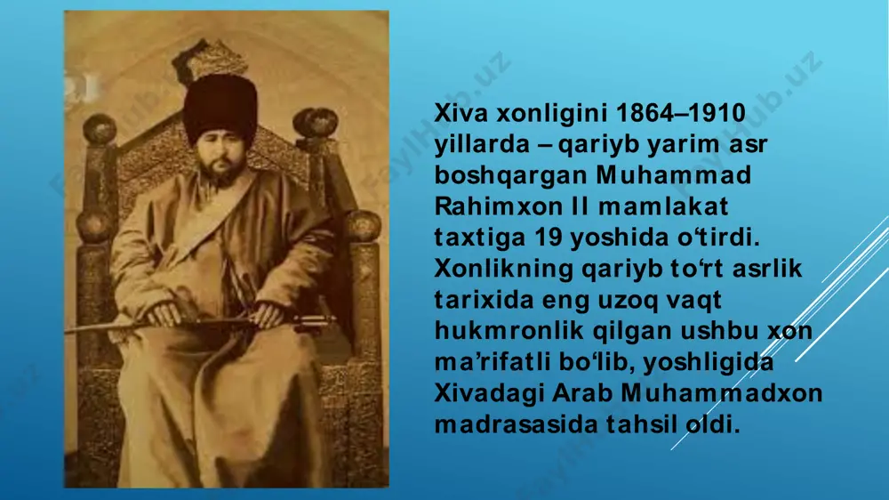 harbiy to’qnashuvlar bo’ladi xiva-xonligidan-rossiyaga-borishga-ijozat-beruvchi-pasporti xiva xoni sherg’ozixon hiyla ishlatib bekovich-cherkasskiyni qabul qiladi va uning qo’shinlarini qirib tashlaydi. pyotr i uyushtirgan ekspeditsiyaning halokati xiva-rossiya munosabatlarini keskinlashtirib yubordi. buxgols "ekspeditsiyasiga" kelsak, uning qo’shini 1715-yili toboldan irtish bo’ylab yorkentga yo’l oladi. bu guruh yamishchev ko’lida bo’lib, u yerda istehkom quradi. biroq ular qalmoqlar hujumiga uchrab, orqaga chekinishga majbur bo’ladilar. 1717-yili buxoro xoni peterburgga o’z elchisini yuboradi. elchi qulibek abulfayzxonning pyotr i ga shvedlar ustidan qozongan g’alabasi munosabati bilan yozilgan qutlov maktubini topshiradi. abulfayzxon o’z maktubida ayni paytda buxoroga rossiya elchisi yuborilishini so’ragan edi. bunga javoban rossiya hukumati 1721-yili florio benevenini elchi qilib jo’natadi. rossiya elchisiga sharq mamlakatlariga olib boradigan suv va quruqlik yo’llarini o’rganish; rus savdosini kengaytirish imkoniyatlarini aniqlash; buxoro xonini rossiya bilan ittifoq tuzishga ko’ndirish; xonga rus gvardiyachilarini taklif qilish; qayerda qancha oltin borligini aniqlash va ularni xaritaga tushirish; xonlikdagi qal’a va qo’shinlari ahvolini o’rganish hamda xonlikning eron va xiva bilan o’zaro …