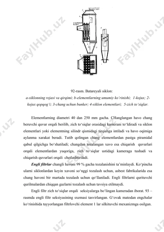 ng v gacha) doimiy tok manbaiga ulanadi. plastinka va simli elektrodlar orasida hosil bo‘luvchi bir jinsli bo‘lmagan elektr maydonida yuqori kuchlanish ta’sirida tojli razryad hosil bo‘ladi. zaryadlovchi elektrodlar atrofida kuchsiz shu’lalanish paydo bo‘ladi. changli havo elektrfiltr kamerasiga kiradi va plastinkalar orasidan o‘tadi. gazning ionlangan molekulalari chang zarrachalarini manfiy zaryadlaydi va bu zarrachalarni musbat plastinkali elektrodga tortilishiga olib keladi. plastinkalarga cho‘kkan chang elektrod silkitilganda qabul qiluvchi idishga tushadi va maxsus teshik orqali bo‘shatiladi, changdan tozalangan gaz atmosferaga chiqariladi yoki changsizlantirishning keyingi operatsiyasiga yo‘naltiriladi. gaz elektrfiltr orqali ventilyator yordamida so‘rib chiqariladi. ho‘l chang ushlagichlar boyitish fabrikalarida ho‘l chang ushlagichlar quritish barabanlaridan chiqqan gazlarni oxirgi tozalash uchun ishlatiladi. ushlangan chang suv bilan aralashib shlamlarni hosil qiladi va shlamli tindirgichlarda suvsizlantiriladi. uchlik skrubber balandligi 10 m atrofida to‘g‘ri burchakli yoki silindrsimon minora po‘lat misdan tayyorlanadi. yuqori qismida bak joylashib, undan purkagich orqali korpus ichiga suv beriladi. minoraning balandligi bo‘ylab g‘o‘la yoki reykalardan uchliklar o‘rnatiladi. …