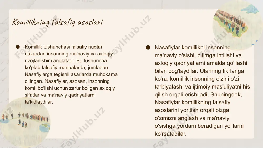 yuksak axloqi va fikrlari bilan jamiyatni o'zgartirganlar. bunday shaxslar, shuningdek, o'z navbatida, o'zlarining jamoalarida ijtimoiy adolat va tinchlikni saqlashga yordam beradi. komil inson va axloqiy masalalar axloqiy masalalar – bu insoniyatning to'g'ri va noto'g'ri, yaxshi va yomon, adolatli va adolatsiz haqida qarorlar qabul qilish jarayonlarini anglatadi. bu masalalar odamlar o'rtasidagi munosabatlar, ijtimoiy normativlar va qadriyatlar bilan bog'liqdir. komil inson, axloqiy masalalarga qarshi turishda o'zining prinsiplariga asoslanadi, hamda boshqalarga yordam berish va ijtimoiy adolatni ta'minlashda katta rol o'ynaydi. misol uchun, komil inson shaxsiy manfaatlarini bir chetga surib, jamiyatning manfaatlarini ko'zlab axloqiy qarorlar qabul qilishi mumkin. bunday qarorlar insonlarning hayotini yaxshilash, ularning huquqlarini hurmat qilish va ijtimoiy muammolarni hal qilishda muhim ahamiyatga ega. photo by cas holmes on unsplash xulosa ushbu taqdimot davomida "komillik" tushunchasi bir necha jihatlari bilan muhokama qilindi. avvalambor, komillik - bu insonning ma'naviy o'sishi va ijtimoiy mas'uliyati. ikkinchidan, komil insonni tarbiyalashda o'qitish metodlarining roli muhimdir, chunki to'g'ri metodlar …