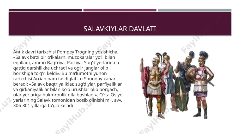 bi ko‘plab qadimgi shahar xarobalarida olib borilgan arxeologik tadqiqotlar natijasida topilgan manbalar bu hududlarda hunarmandchilik, savdo-sotiq va xo‘jalik ishlari rivojlanganligidan dalolat beradi. o‘rta osiyodagi yunonlar bilan aloqalar mahalliy xalqlar madaniyatining ba’zi tomonlarini g‘arbga tarqatuvchi muhim omillardan biriga aylandi. ellin madaniyatida sof yunon madaniy ijodi emas, balki yunon va sharq mamlakatlarining o‘ziga xos qo‘shilishi o‘z aksini topgan. ellin madaniyatining rivojlanishida o‘rta osiyo xalqlari ham muhim rol o‘ynadilar. o‘rta osiyoning katta qismi salavkiylar davlatiga harbiy yo‘l bilan qo‘shib olinishi ma’lum darajada g‘arb va sharq o‘rtasidagi iqtisodiy va madaniy aloqalarning rivojlanishiga turtki berdi. shu bilan birga mahalliy madaniyat, savdo-sotiq, shahar hayoti, hunarmandchilik va sug‘orish ishlari izchil rivojlanib bordi image1.png image2.png image3.svg image3.png image4.png image5.png image6.jpg image7.png image8.png image9.png image10.jpg image11.jpg .msftofcthm_accent6_fill { fill:#40619d; } .msftofcthm_maindark1_stroke { stroke:#000000; } /docprops/thumbnail.jpeg