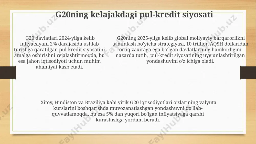 urashishda qiynalishmoqda, ularning inflyatsiya darajasi 2023 yilda 50% dan oshdi va bu esa ijtimoiy-iqtisodiy beqarorlikka olib keldi. 2022-yilda dunyo bo'ylab inflyatsiya o'rtacha 8% ga yetdi, g20 mamlakatlari esa turli miqdordagi foiz stavkalarini qo'llab, bu muammoni hal qilishga harakat qilishdi, masalan, aqshda 4% ga yaqin, xitoyda esa ancha pastroq darajada. g20 davlatlarining aksariyati inflyatsiyani kamaytirish uchun pul-kredit siyosatini qattiqlashtirdi, ya'ni 2023-yilning birinchi choragida 10 dan ortiq mamlakat foiz stavkalarini oshirdi, bu esa iqtisodiy o'sishga ta'sir ko'rsatdi. moliyaviy barqarorlik va risklar европа иттифоқи ва хитой каби йирик иқтисодиётлардаги 5% дан ортиқ қарз юкининг ошиши, g20 давлатларидаги молиявий хатарларни ошириб, иқтисодий ўсишни секинлаштирди. 2023 йилда g20 давлатларининг валюта сиёсатидаги ноаниқлик, жаҳон бозоридаги 10% лик инфляция даражаси ва ақш федерал захира тизимининг фоиз ставкаларини ошириши орқали глобал молиявий барқарорликка таъсир кўрсатди. 2023 йилда g20 давлатларининг валюта сиёсатидаги ноаниқлик, жаҳон бозоридаги 10% лик инфляция даражаси ва ақш федерал захира тизимининг фоиз ставкаларини ошириши орқали глобал …