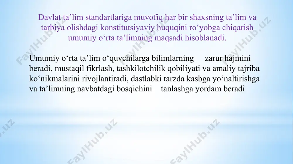 a mehnatga layoqatli inson bo‘lishi lozim y. a. komenskiy boshqaruv faoliyati bu- o‘quvchilar tarbiyasini maqsadga muvofiq yo‘naltirishi va boshqarishi uchun turli ta’lim - tarbiya muassasalari, kattalar, oldingi ajdodlar, ota-onalar, o‘qituvchilar, maktablar faoliyatining umumlashmasidir i.f. kozlov ta’lim muassasasi oʻquv-tarbiya jarayonini innovatsion texnologiyalar asosida tashkil etish pedagogik texnologiyaga pedagogik, psixologik, didaktik, tashkiliy, iqtisodiy, ijtimoiy, ekologik nuqtai nazarlardan yondashish orqali o‘quv motivlar rivojlantiriladi aniq 1.nimaga erishmoqchiman? mud-datli 1.muddatni belgilab olish o‘lchab bo‘ladi-gan 1.oldingizga o‘lchab bo‘ladigan maqsad qo‘yish erishib bo‘ladi-gan 1.qobiliyatingizni sinovdan o‘tkazish mos, tegishli 1.harakat qilib ko‘rishga arzirli maqsad bo‘lib tuyulyaptimi? 2.nega aynan shu maqsadga yetishmoqchiman? 3.bu jarayonning ishtirokchilari kimlar? 4.u qayerda joylashgan? 5.qanday resurs va cheklovlar mavjud? 2.o‘rnatilgan sanadan og‘ishmaslik 2.qanaqa? 3.nechta? 4.maqsadga erishganimni qanday bilaman? 2.iloji bor ishni tanlash 3.oldin ahamiyat berilmagan imkoniyat va resurslarni aniqlab olish 4.bu maqsadni qanday amalga oshirish mumkin? 5.boshqa cheklovlar yo‘qmi? (moliyaviy) 2.shu narsa hozir sizga kerakmi? 3.bu siznining boshqa ehtiyojlaringiz bilan mosmi? 4.shu maqsadga yetishishga …