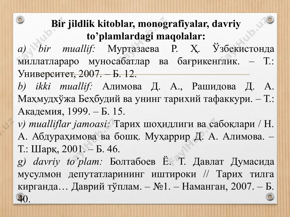 д мактаблари. – тошкент: уни­вер­си­тет, 2006. – 126 б. 4. исоқбоев а. маърифатпарвар шокир мухторий ҳақида // марказий осиё тарихи масалалари замонавий медиевистика талқинида. академик дилором юсупова юбелейига бағишланган мақолалар тўплами. – тошкент, 2021. 5. каримов н. назир тўрақулов – биринчи ўзбек дипломати // водийнома, 2017. №4 (6). 6. ўзбекистон миллий архиви, и.19-фонд, 1-рўйхат, 35019-иш. 7. ўзбекистон миллий архиви, и.47-фонд, 1-рўйхат, 1149-иш. [1: – б.28 ] [2: – б.717] [6: - в.7] [2: – б.718] [3: – б.19.] [7: – в.27] “qarang”, “kengroq ma’lumot olish uchun qarang”, kabi izohlardan foydalanish. qarang: летопись борбы и свершений. книга i, 1883–1937. – казань: таткнигоиздат, 1985. – с. 188–189; qarang: мусульманские депутаты государственной думы россии 1906–1907 гг / сборник документов и материалов. – уфа: китап. 1998. – с. 121. qarang: иноятов х. ш. народы средней азии в борьбе против интервентов и внутренней контрреволюции. – м.: мысль, 1984. – с. 297. kengroq ma`lumot olish uchun …